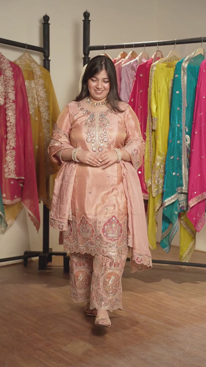 Rehaya Tissue Shimmer Embroidered Sharara Suit