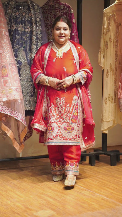 Kanika Red Suit Set With Zari & Thread Embroidery
