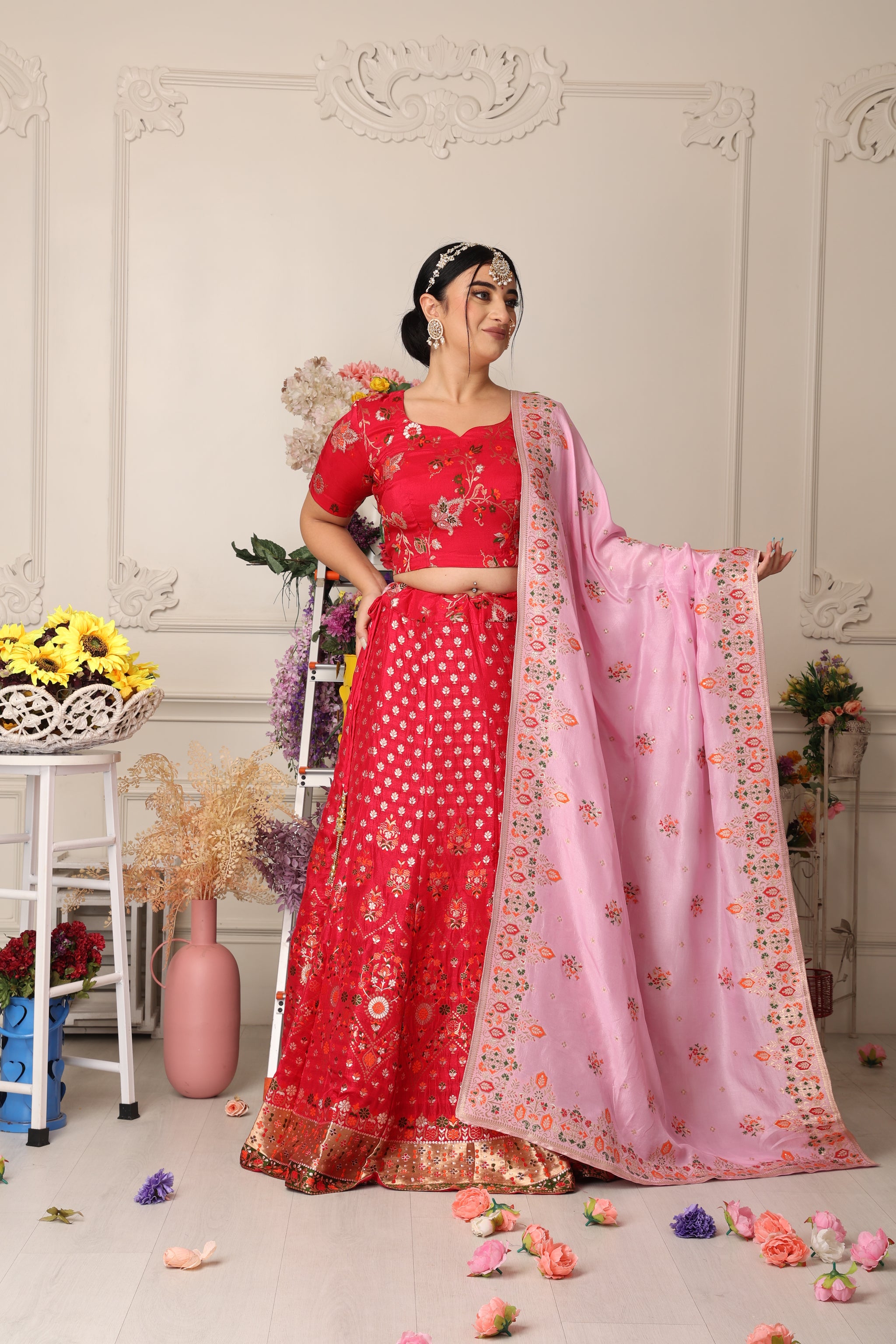 Women Plus Size Gulabi Jhankaar Banarasi Silk Lehenga