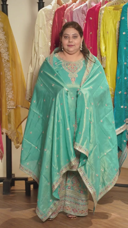 Nayira Tissue Shimmer Embroidered Sharara Suit