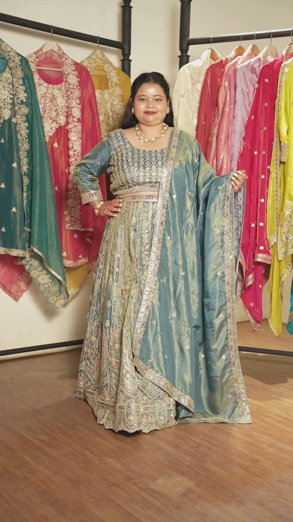 Zehnaya Blue Tissue Lehenga With Zari Embroidery