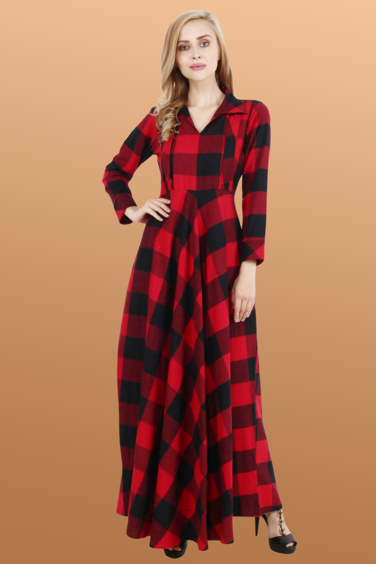 Red Check Woollen Dress | Apella.