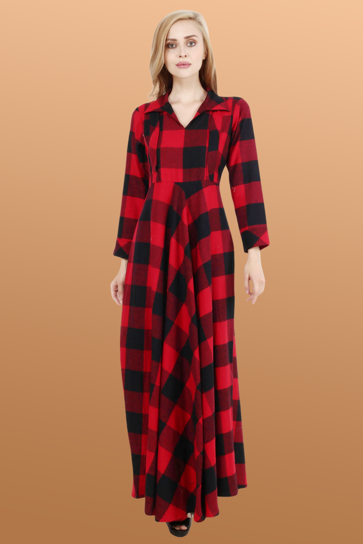 Buy Plus Size ​Red Check Woollen Dress At Apella | Sizes XS to 10 XL | India | Free Delivery | Customized