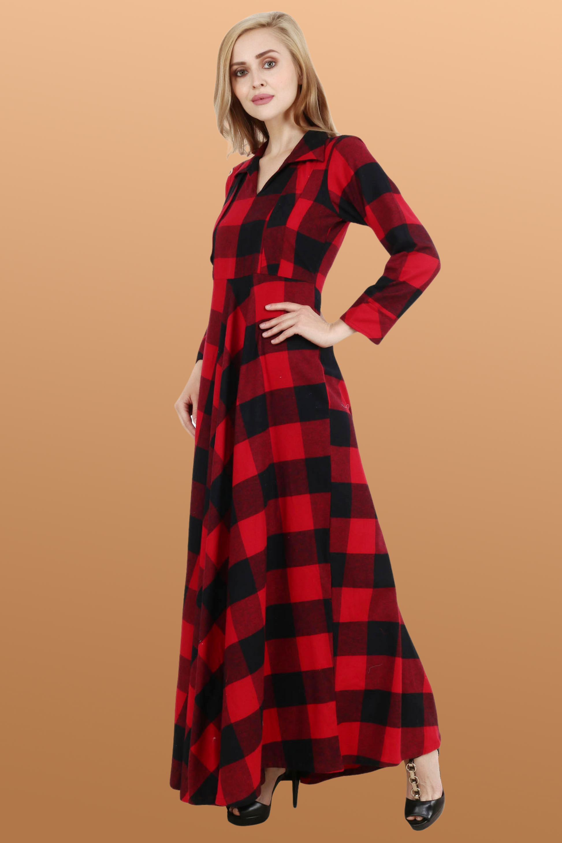 Red Check Woollen Dress | Apella.