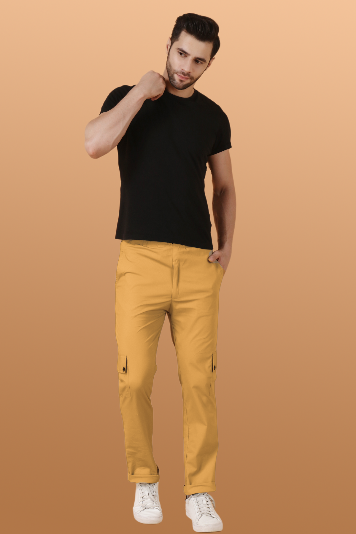 Buy Plus Size ​Dark Beige Stretch Cargo At Apella | Sizes XS to 10 XL | India | Free Delivery | Customized