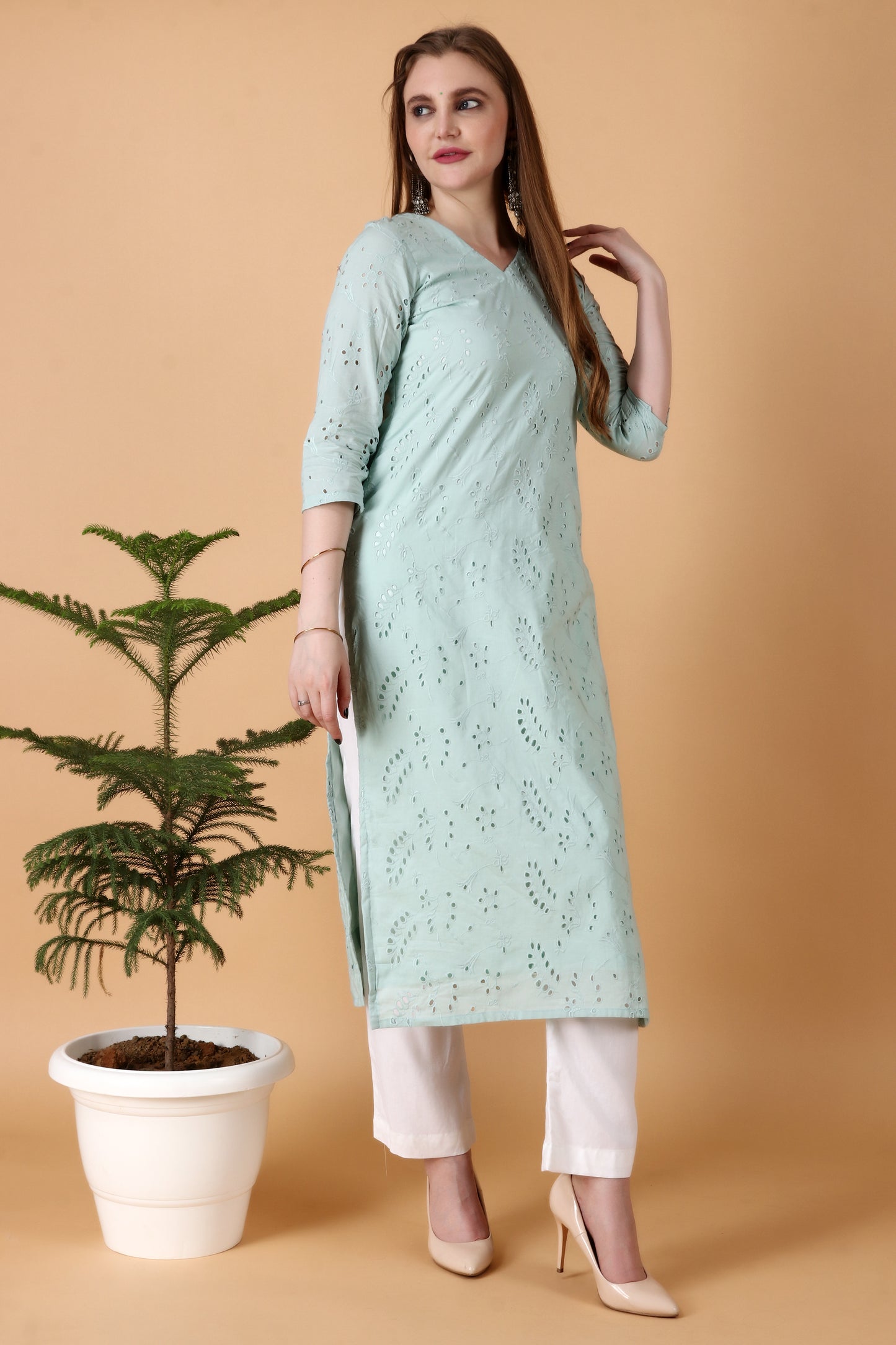 Women Plus Size Sea Green kurti with pant set | Apella