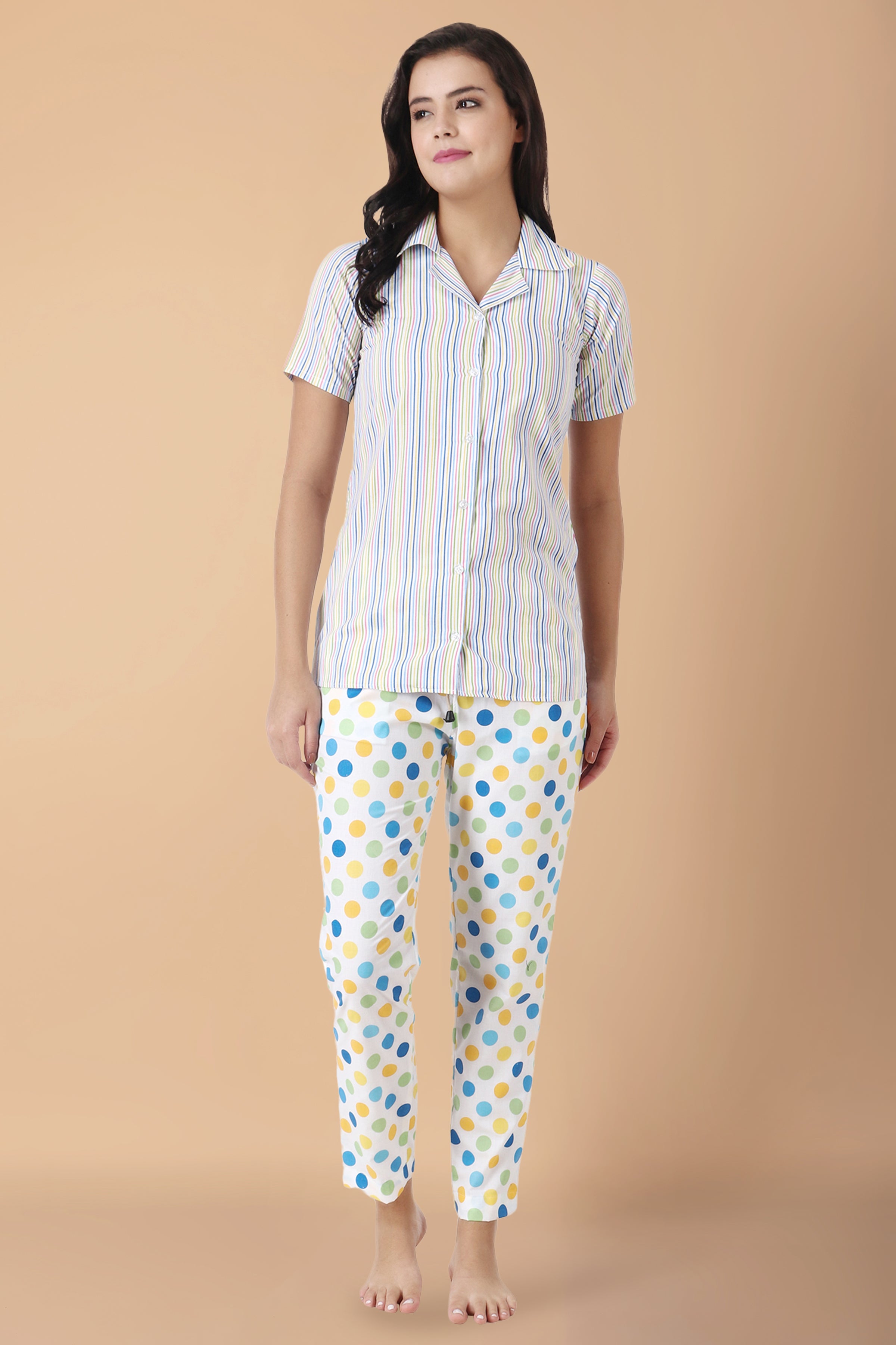 Peach And White Striper Cotton Pyjama Night Suit