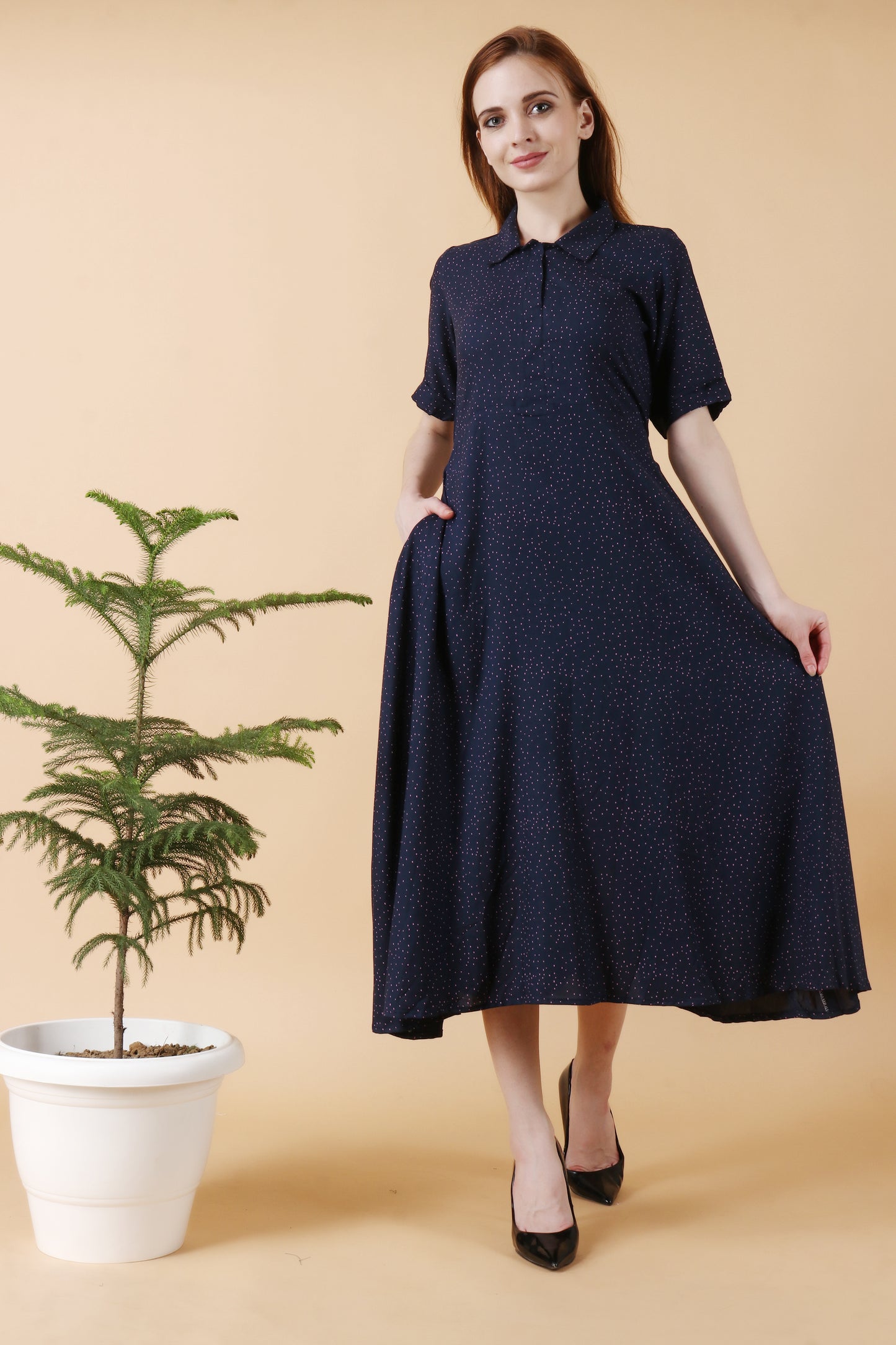 Women Plus Size Blue Rayon Polka Dot Dress | Apella