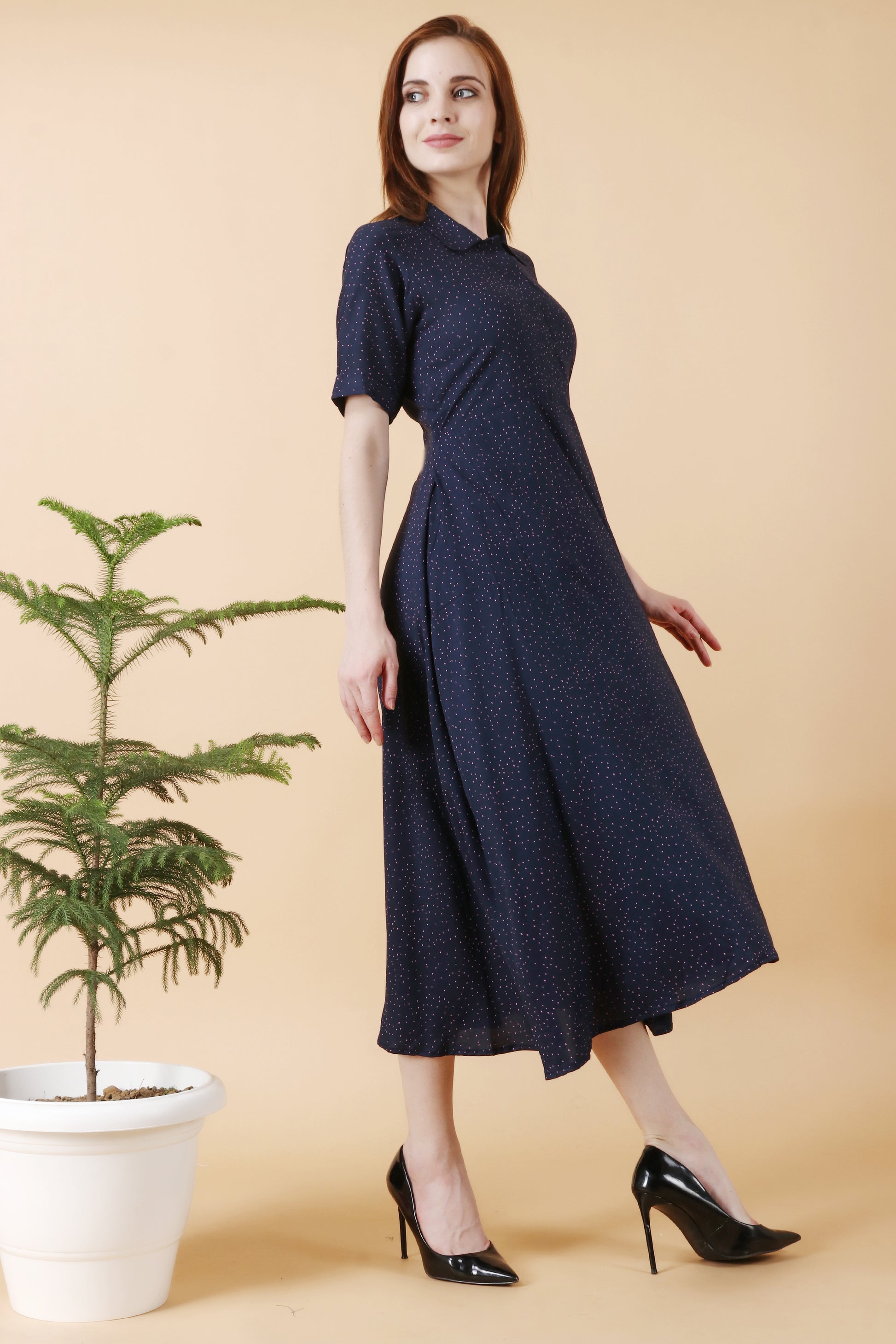Women Plus Size Blue Rayon Polka Dot Dress | Apella