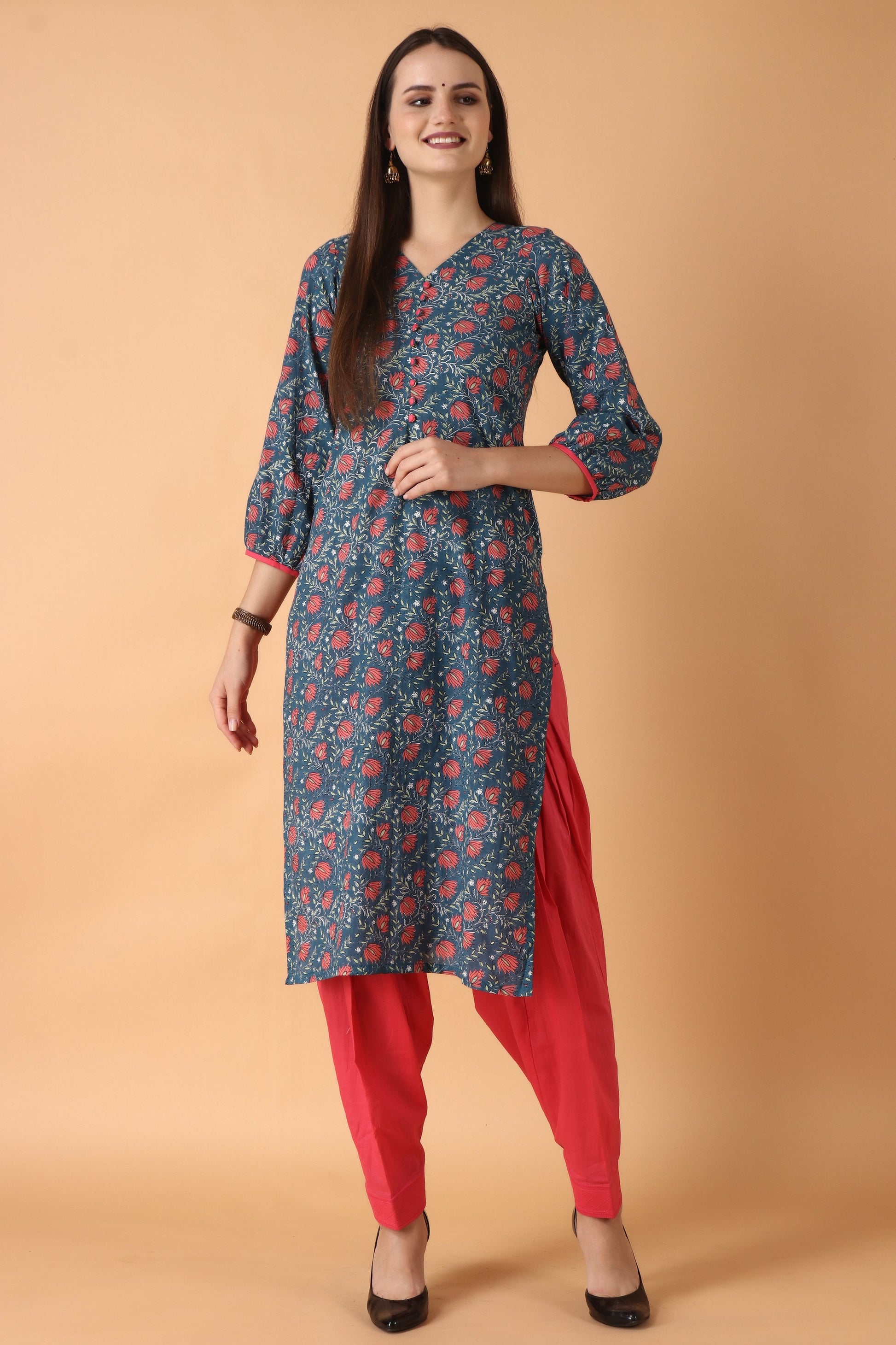 Women Plus Size Grey  Printed Cotton Kurta/ Salwar Suit | Apella