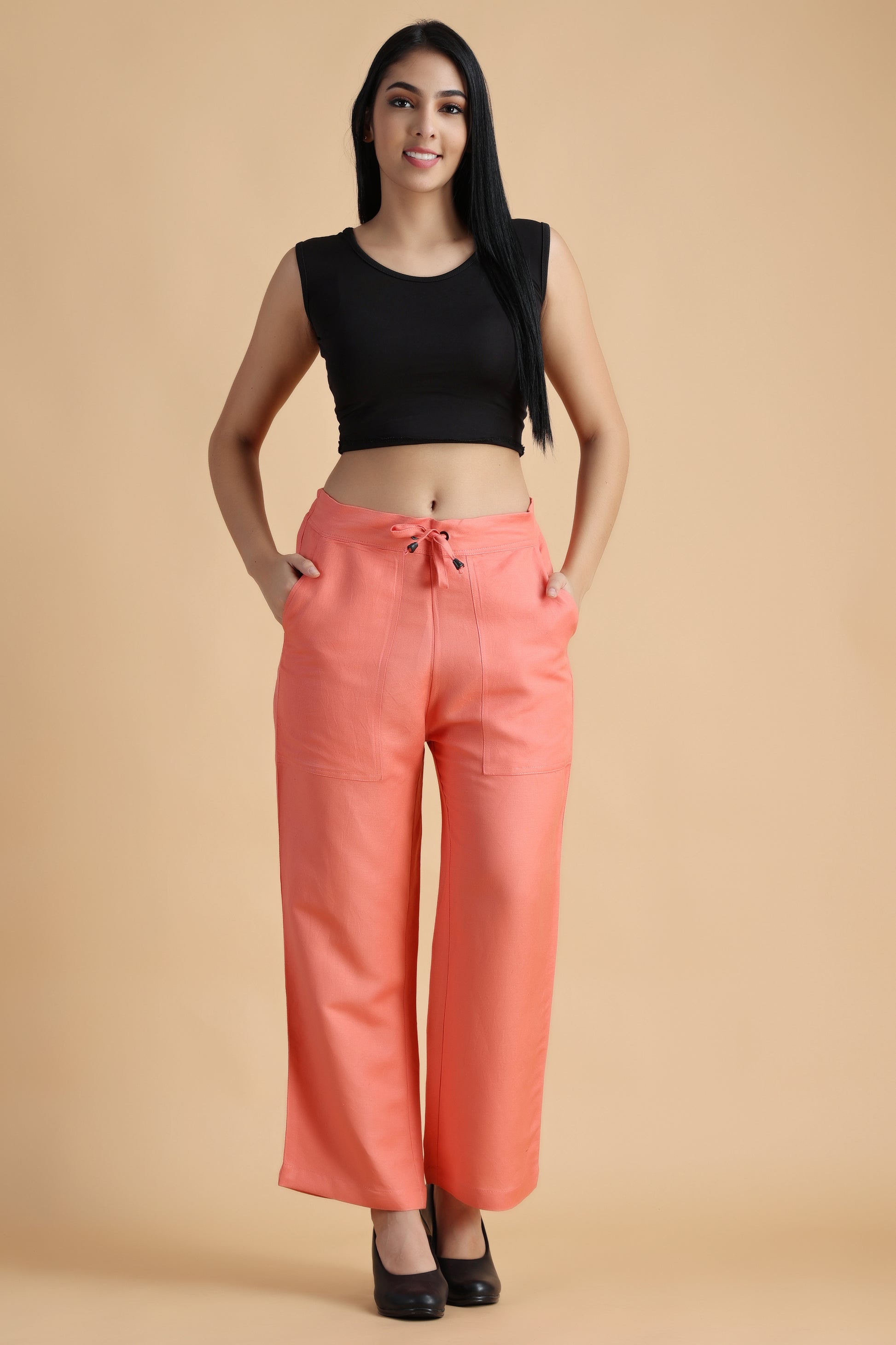 Women Plus Size Peach Linen Lush Solid cotton palazzo pants | Apella