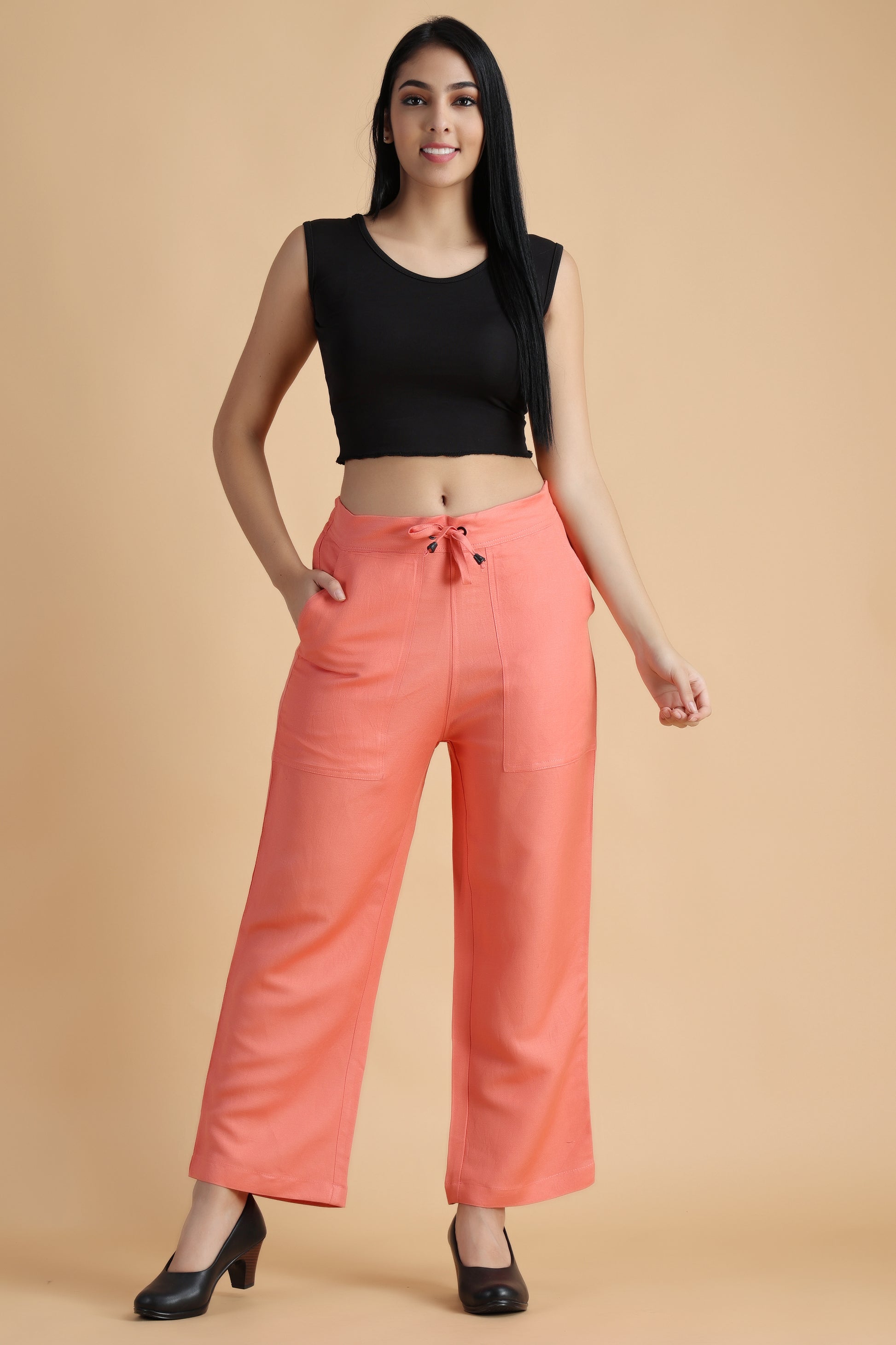 Women Plus Size Peach Linen Lush Solid cotton palazzo pants | Apella