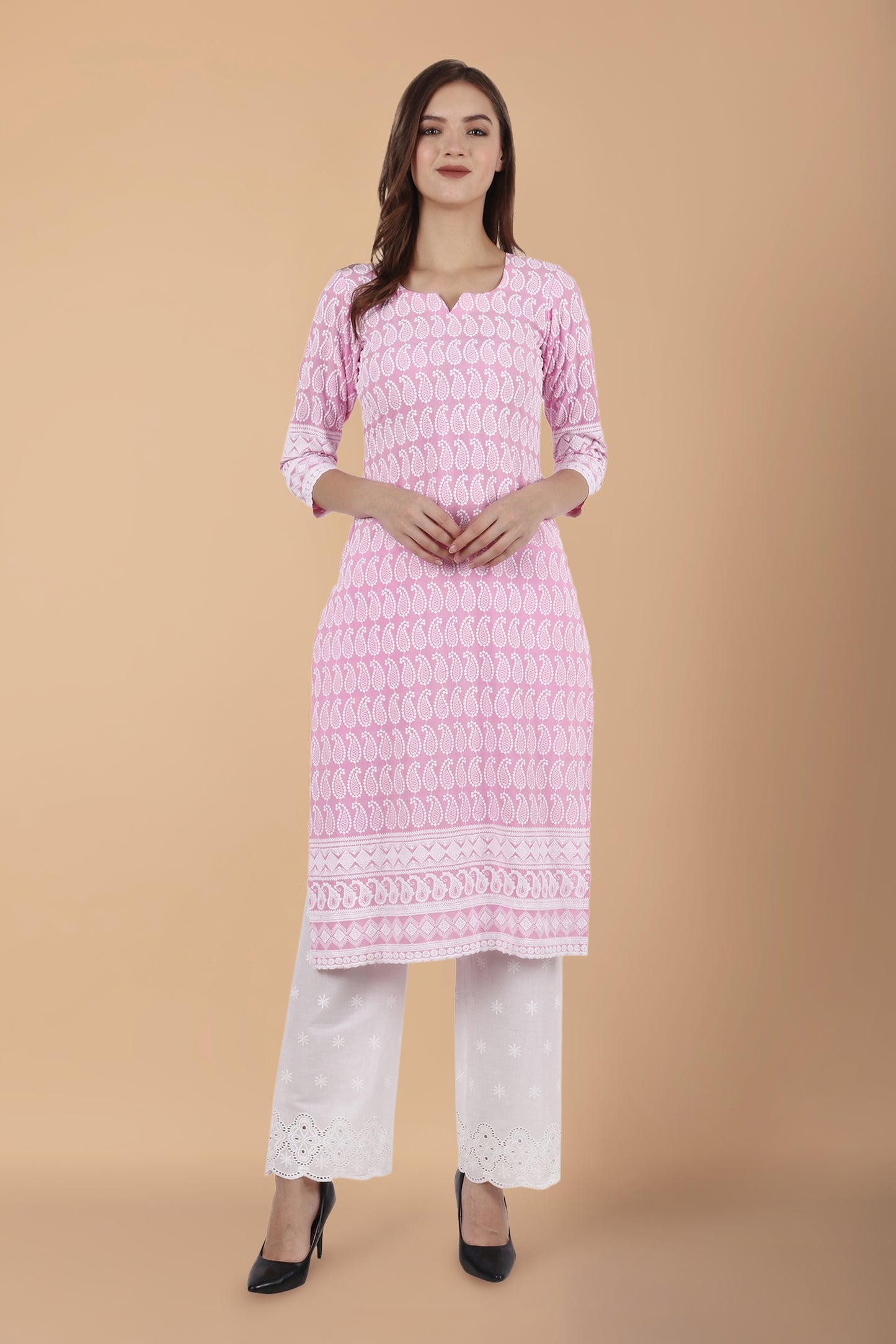 Women Plus Size Baby Pink  Chikankari Kurta | Apella