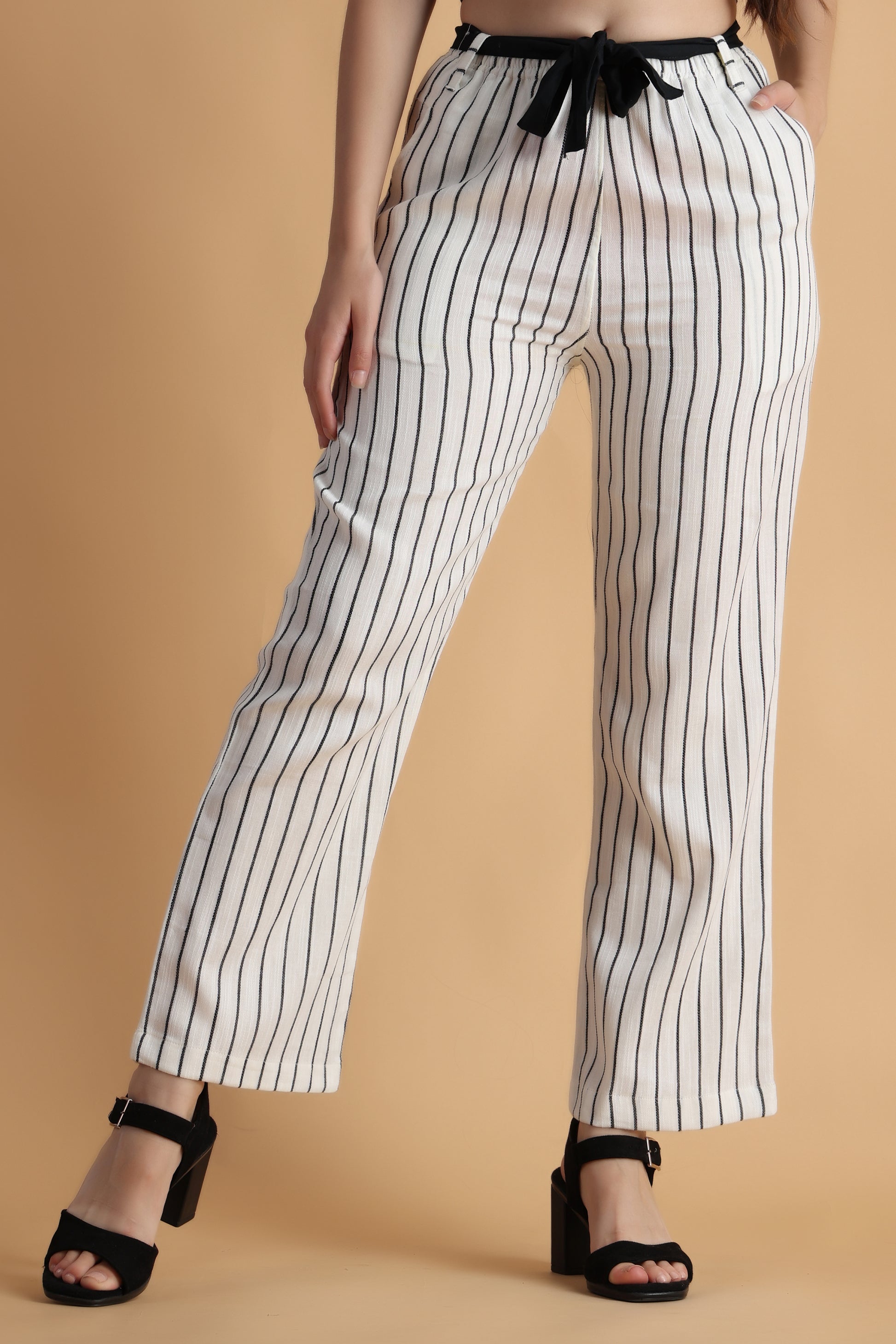 Women Plus Size White Striped cotton palazzo pants | Apella 