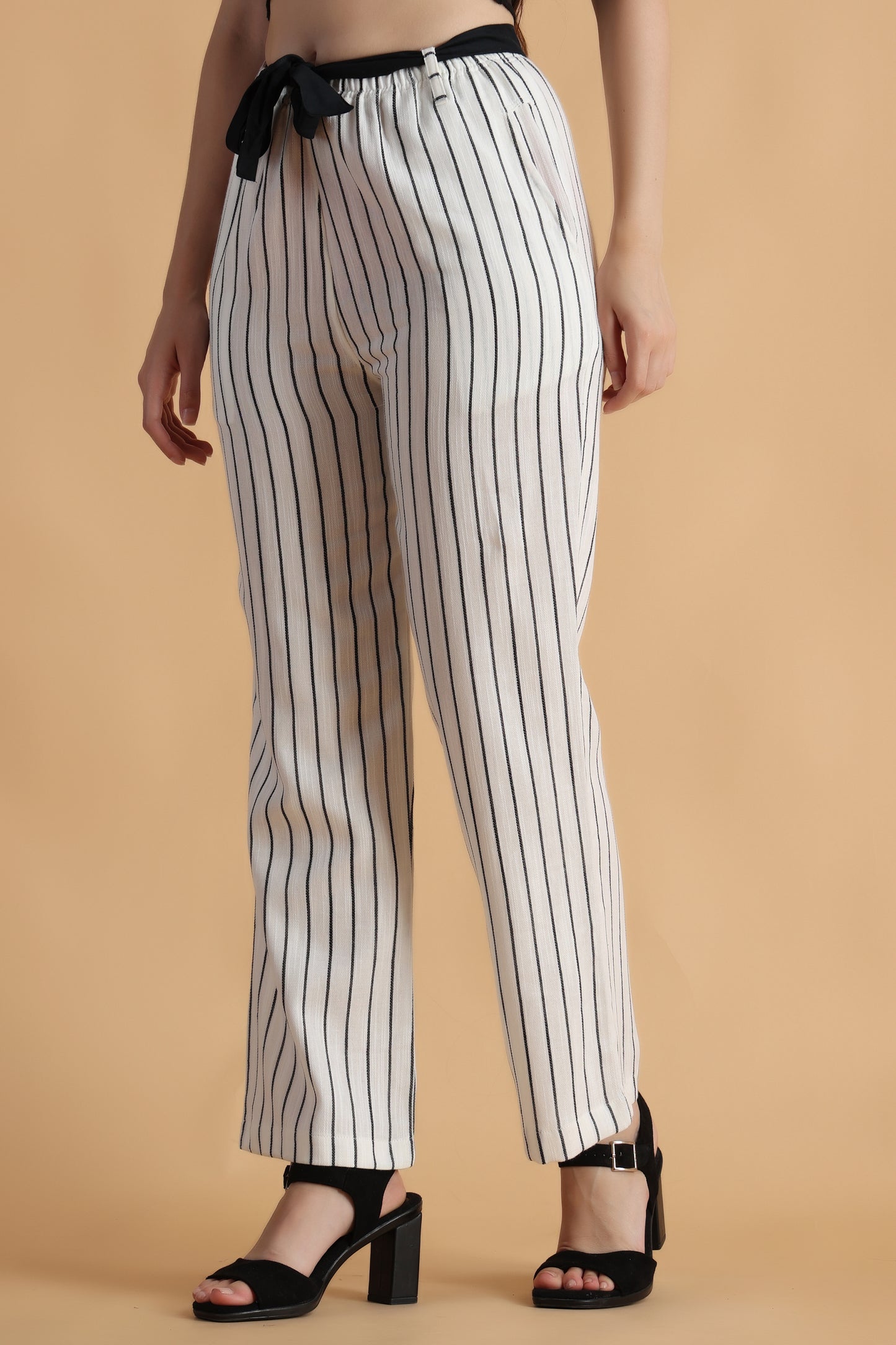 Women Plus Size White Striped cotton palazzo pants | Apella
