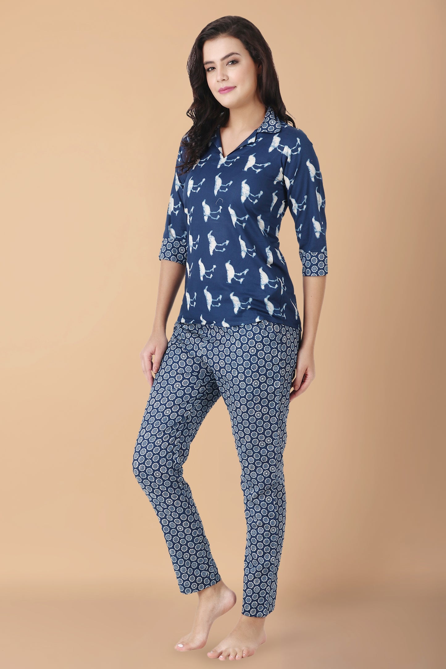 All Size, Collar Neck, Contrast Printed Elasticated Bottom, Cotton, Cotton Night Suit, Double Pockets, Dual Pockets, Flamingo Cotton Night Suit, Flamingo Print, Half Sleeves, Navy Blue, Night