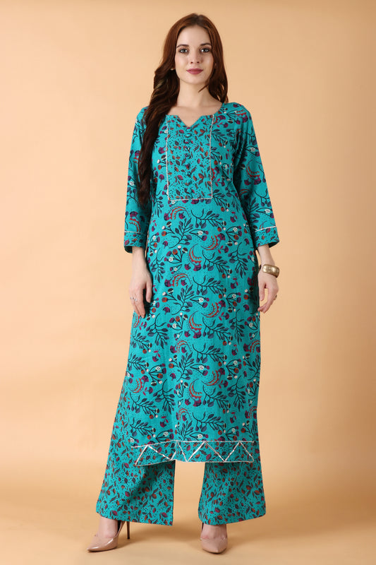 Women Plus Size  Firozi Cotton Palazzo /Salwar Suit | Apella