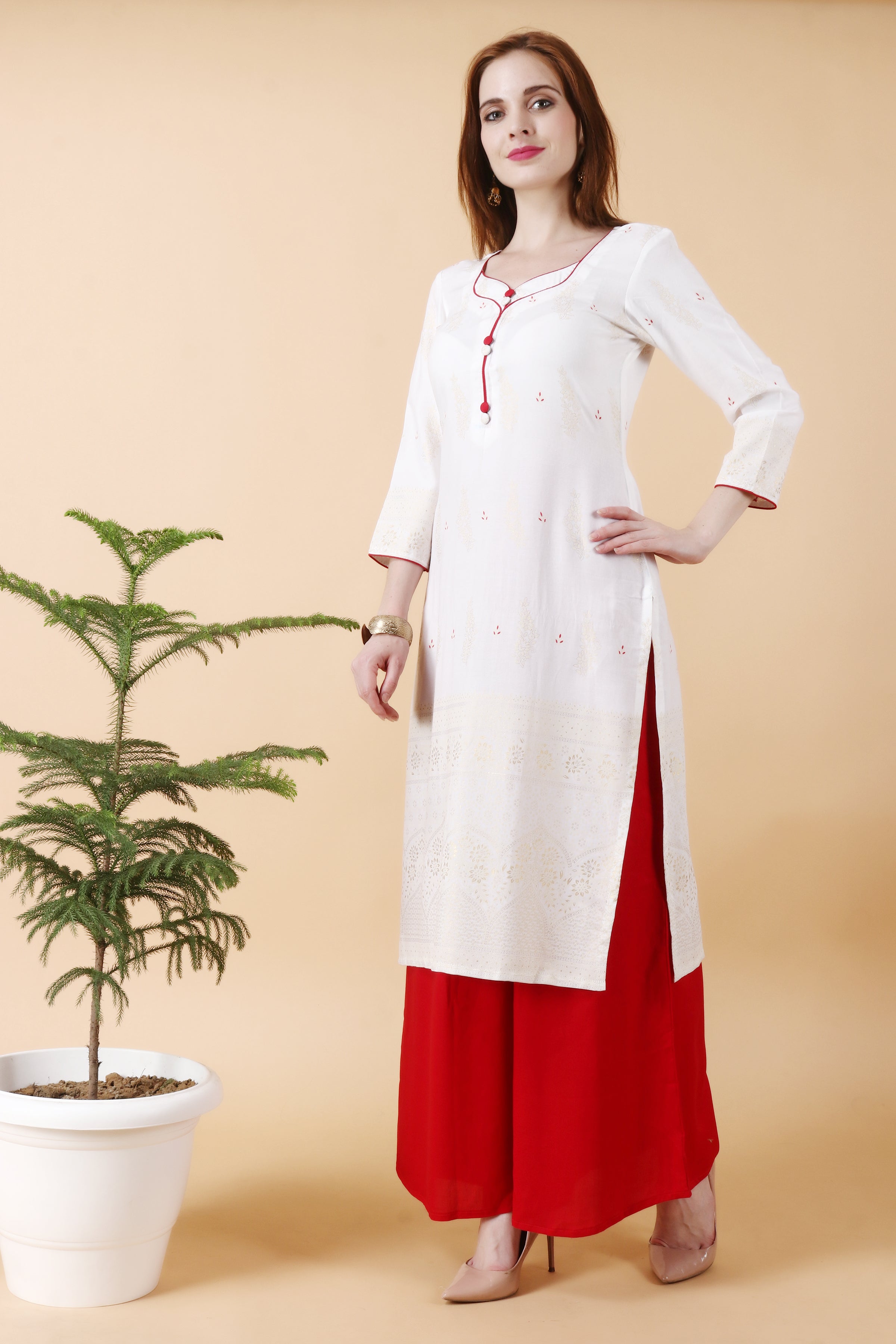 Simple White kurti with pant set - Evilato Online Shopping