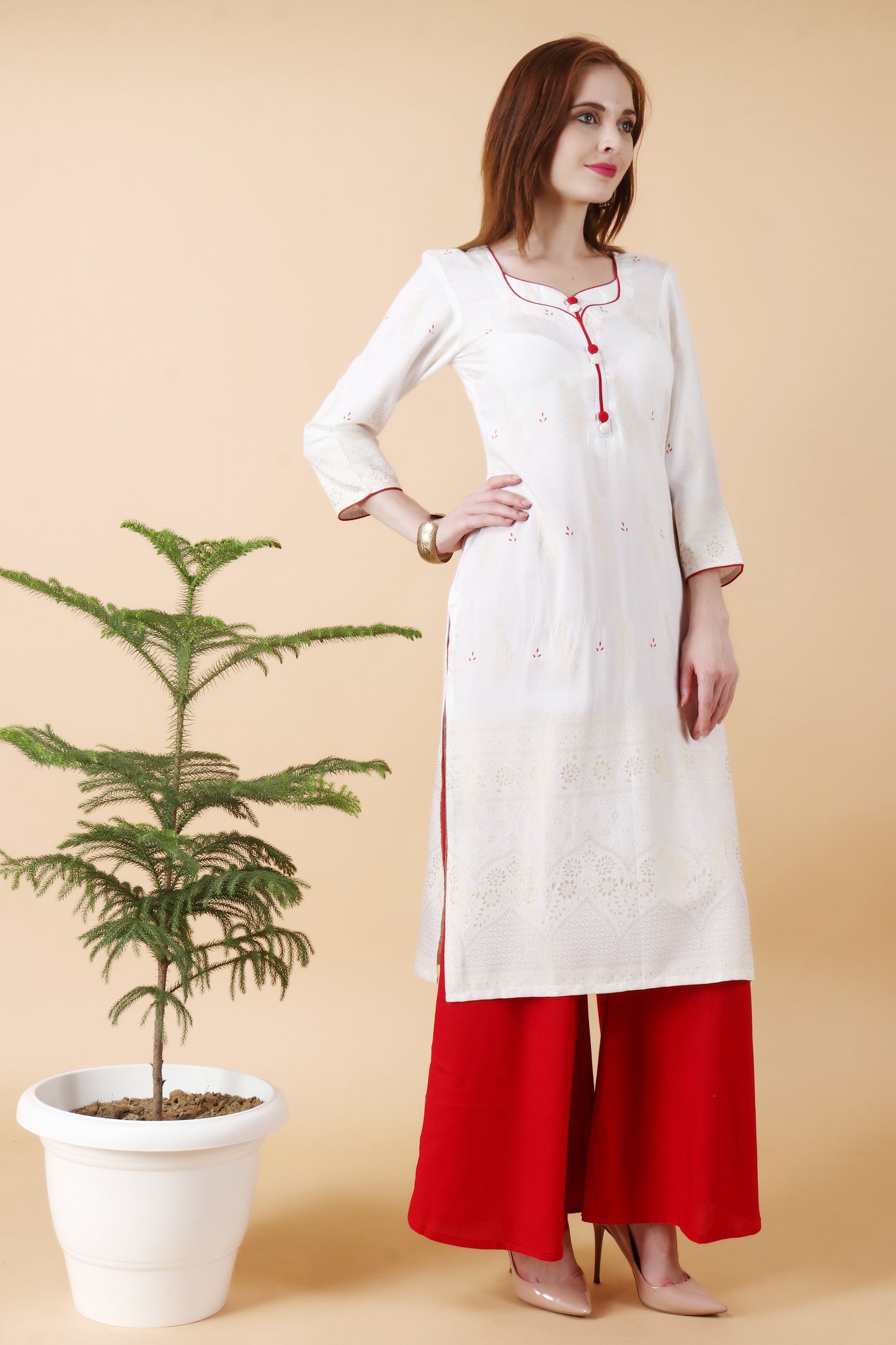 Women Plus Size Off White party wear kurti palazzo set | Apella