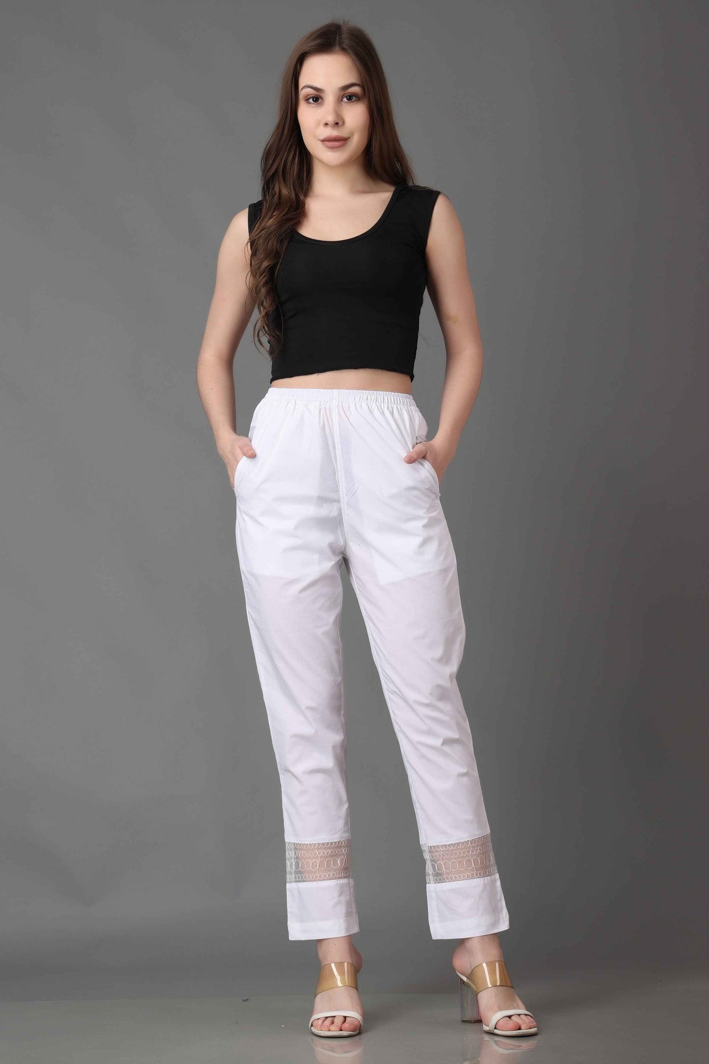 Buy Plus Size ​Icy White Detailed Palazzo Pants At Apella | Sizes XS to 10 XL | India | Free Delivery | Customized