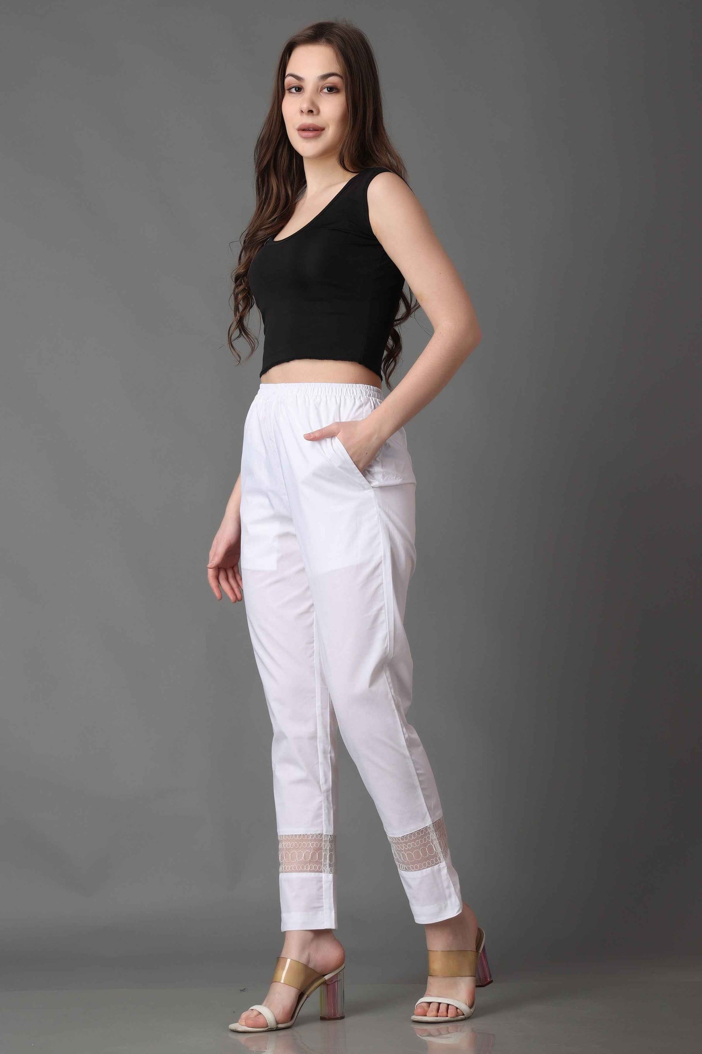 Buy Plus Size ​Icy White Detailed Palazzo Pants At Apella | Sizes XS to 10 XL | India | Free Delivery | Customized