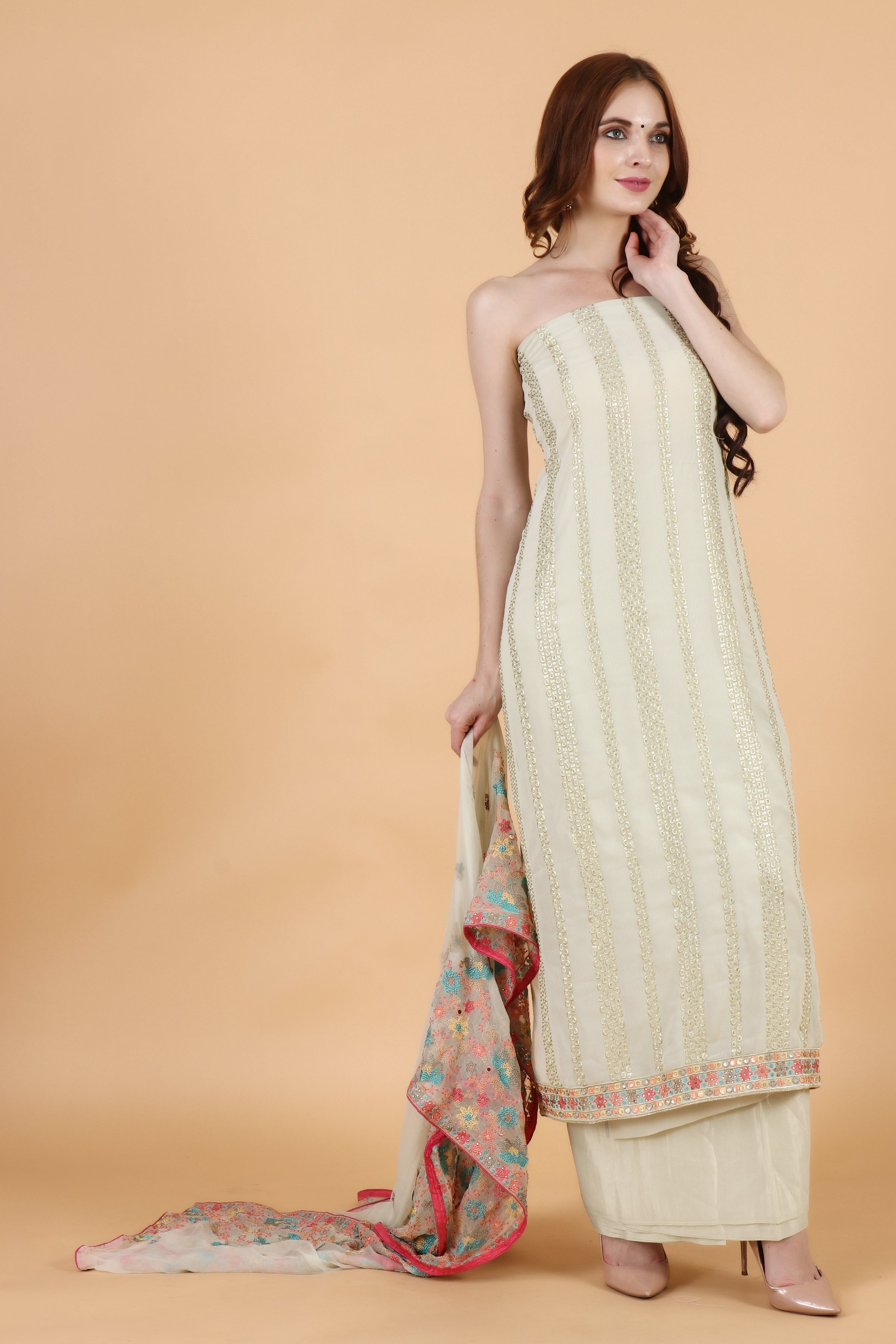 Semi-Stiach Embroidered Cotton Dress Material
