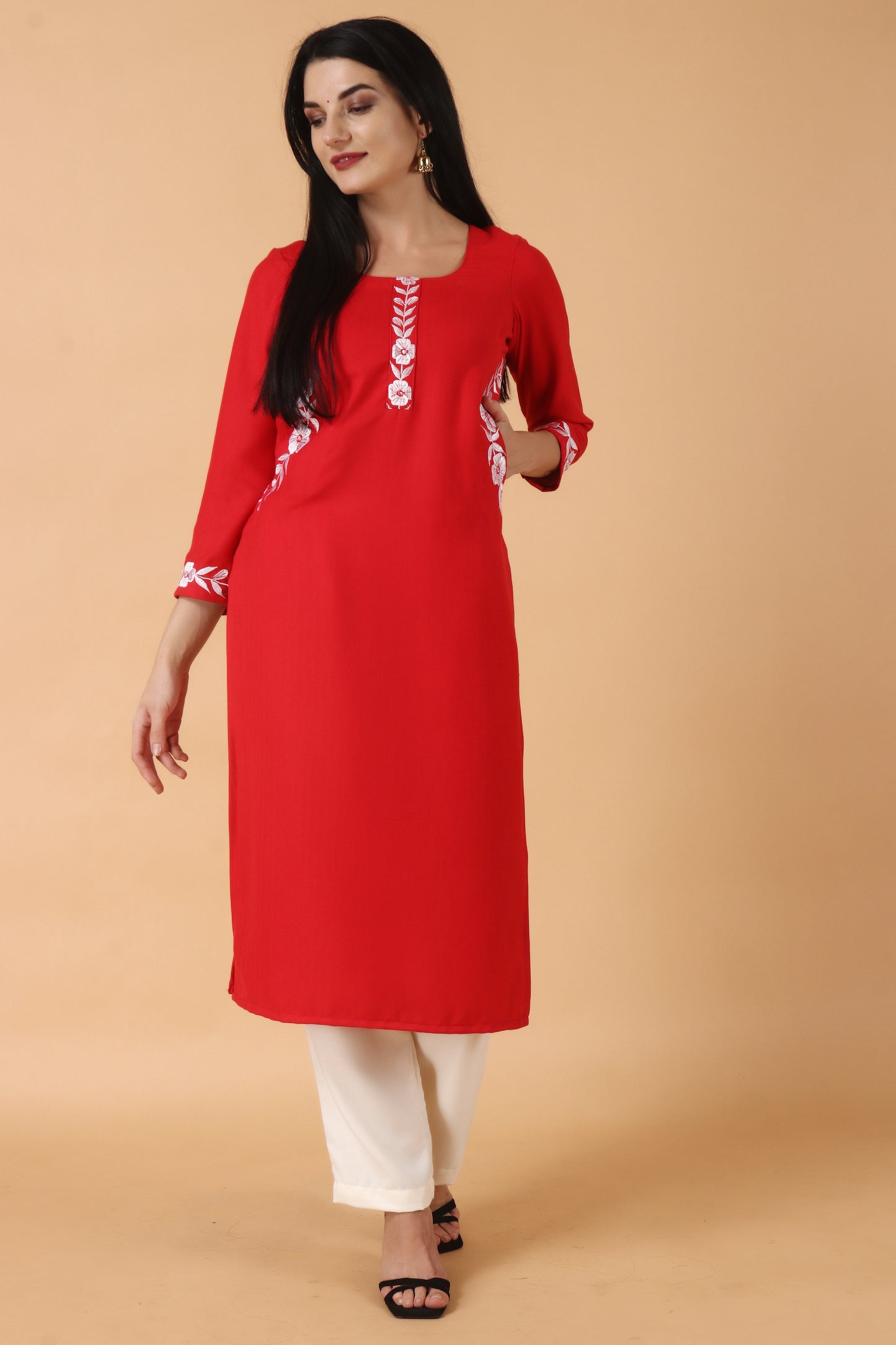 Women Plus Size Red Embroidered Woollen Kurta Set