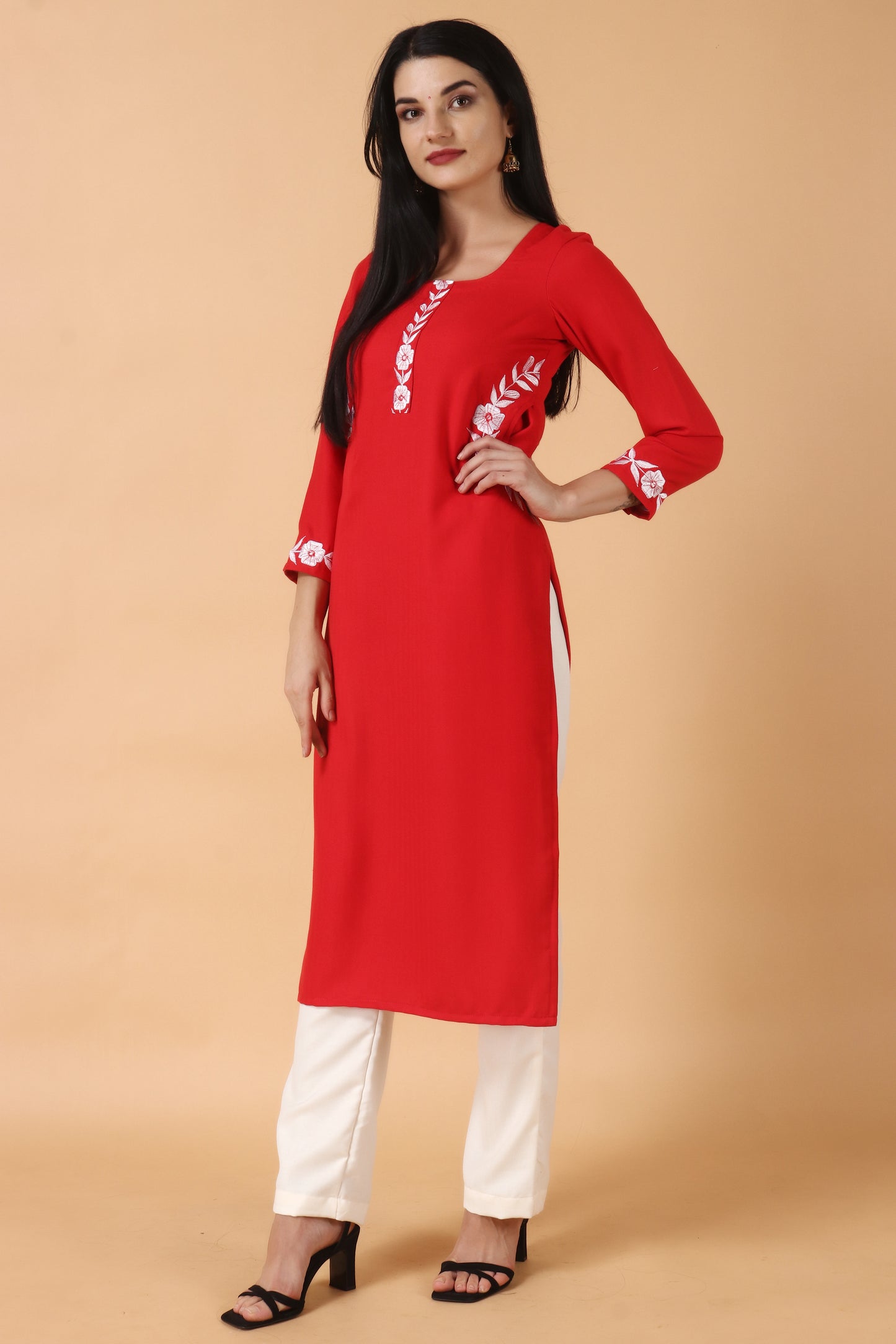 Women Plus Size Red Embroidered Woollen Kurta Set