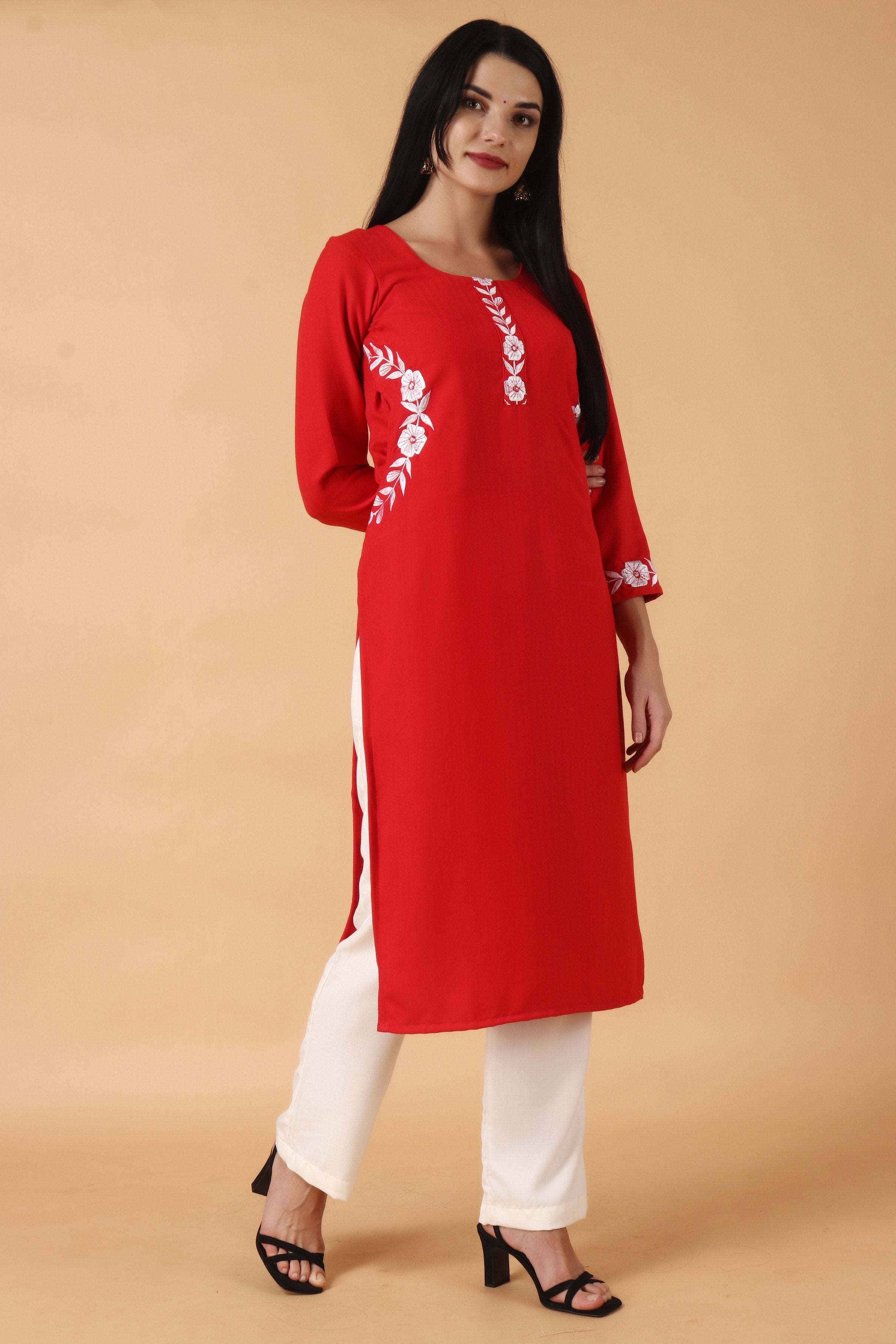 Women Coral Red Solid Yoke Design Lace Inserts Straight Kurta– Inddus.in