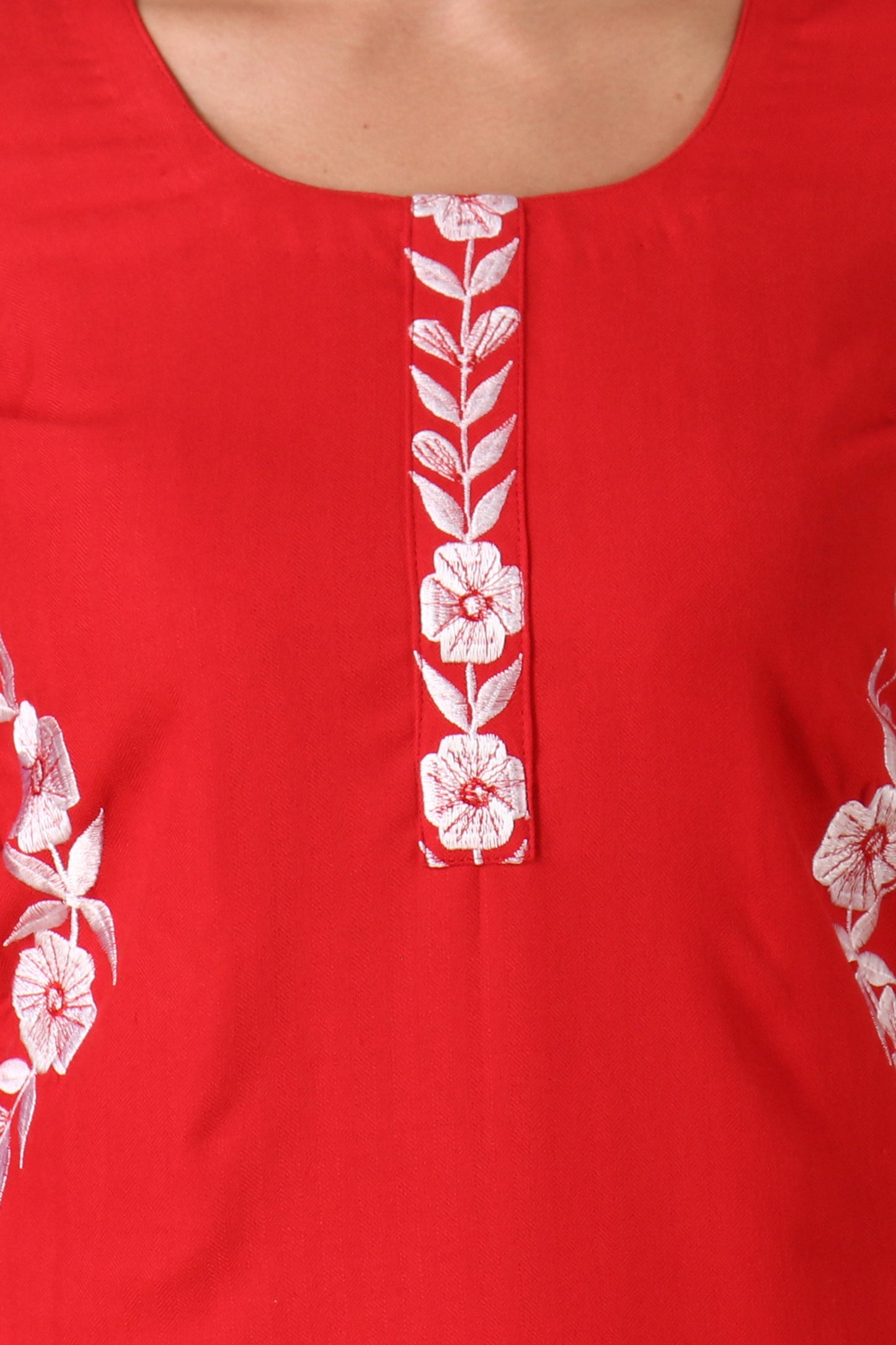 White Embroidered Red Woollen Kurta