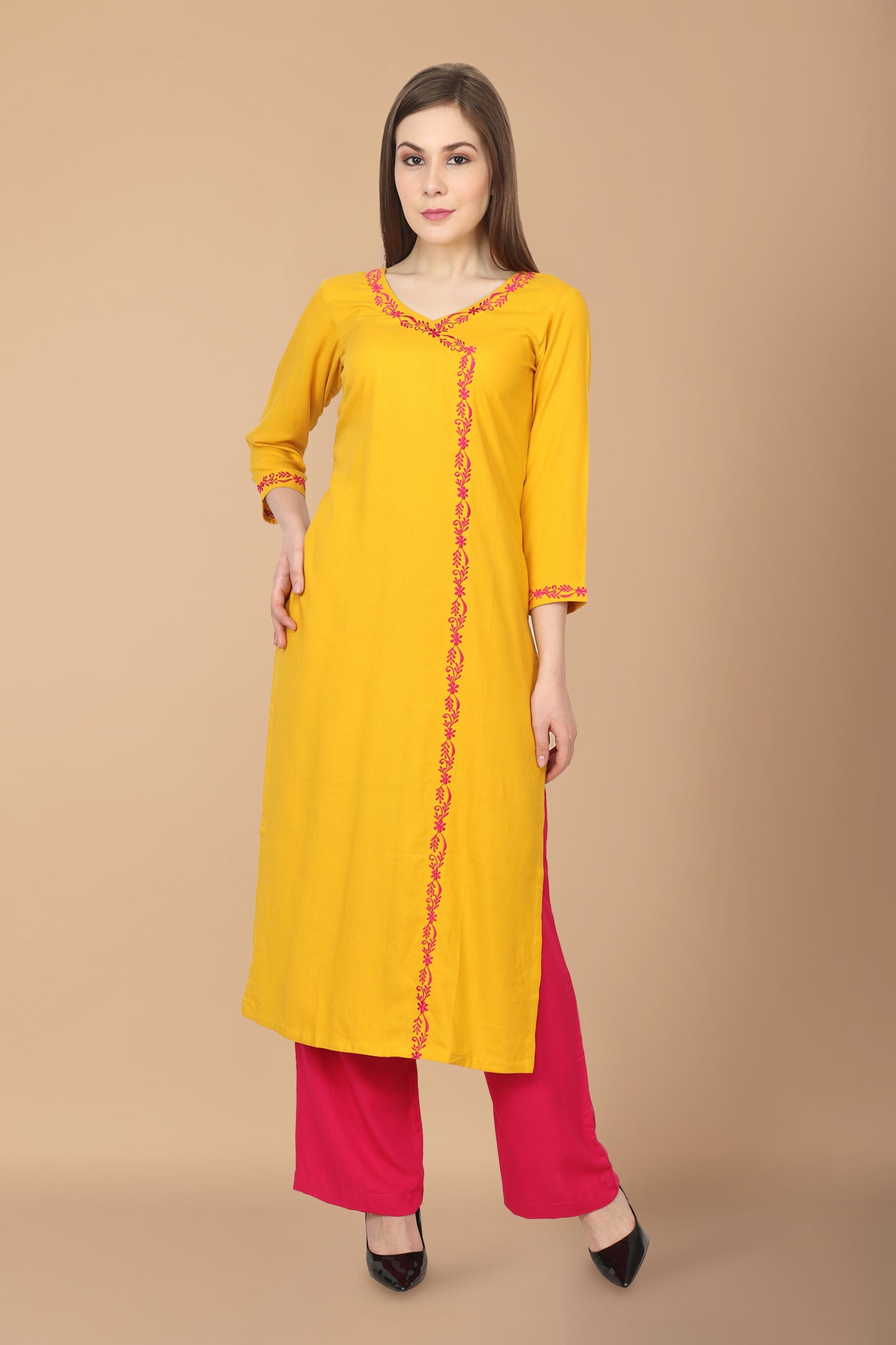 Women Plus Size Top color Mustard  Bottom Magenta  Angrakha Kurta Set  | Apella
