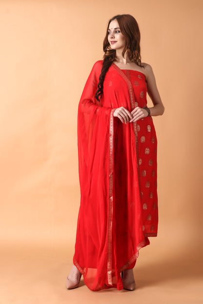  Red Banarasi Dress Material