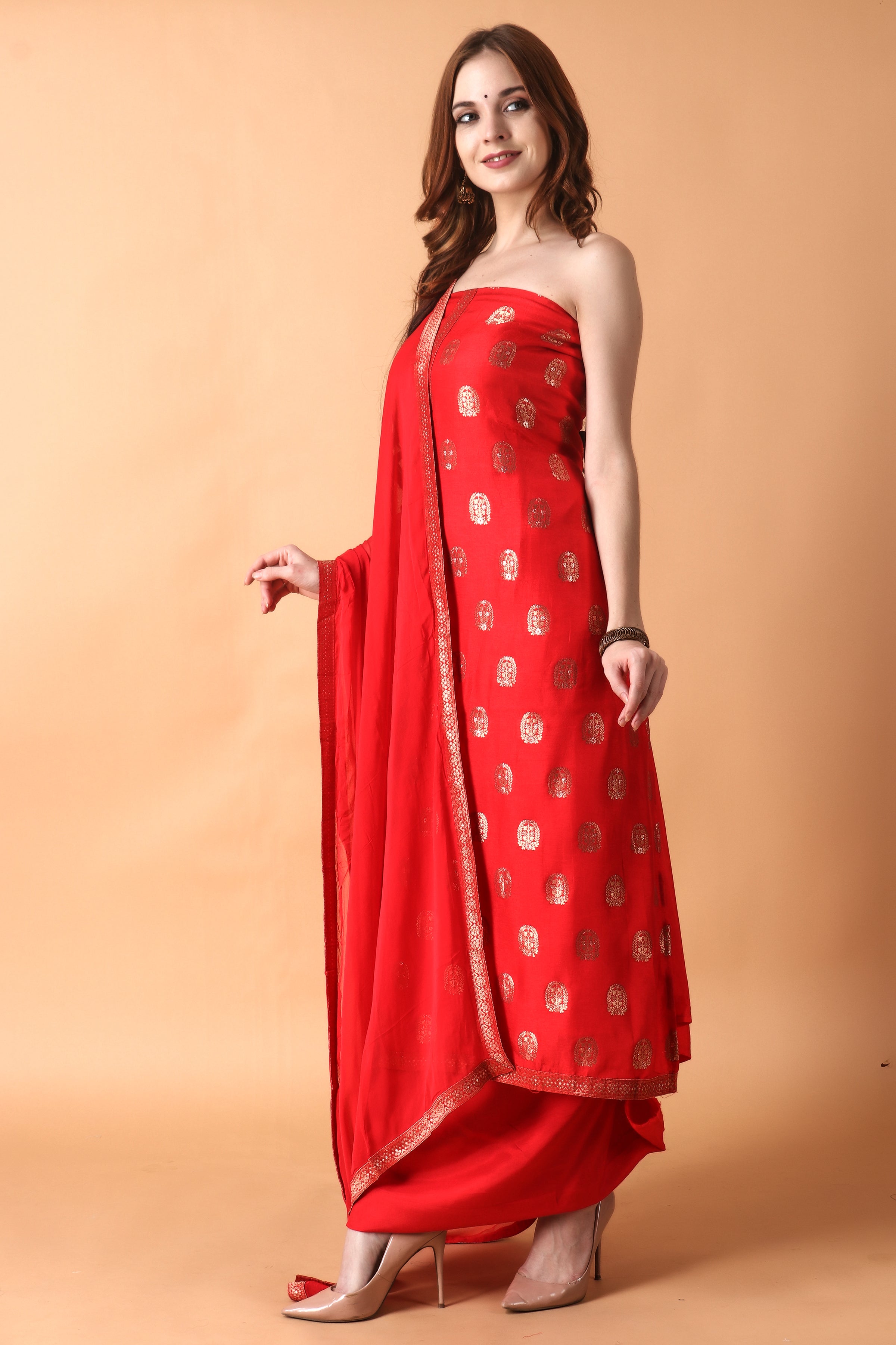 Black kurta and pants with red banarasi dupatta  set of three by Label  Krisha  The Secret Label