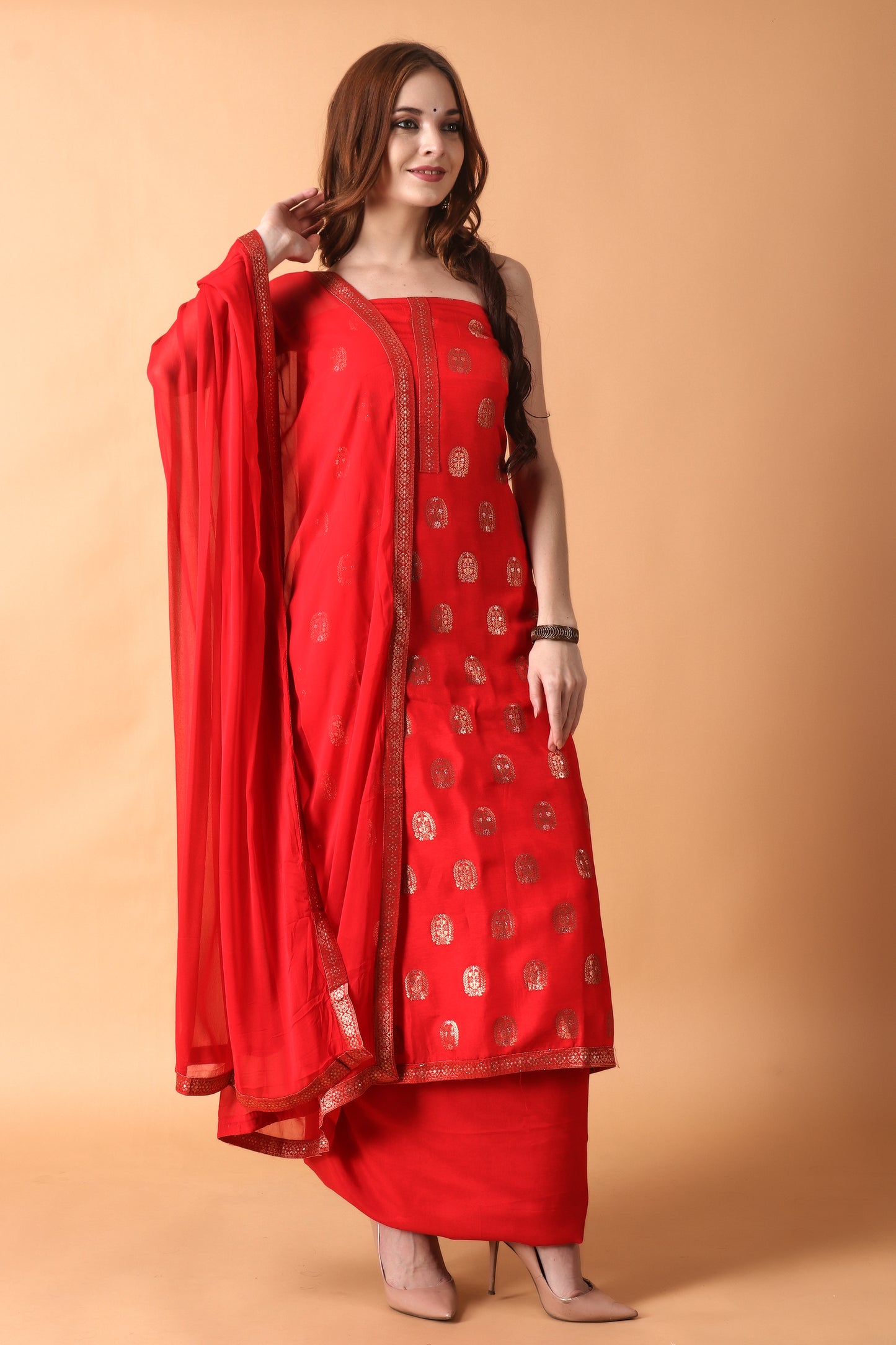 Red Banarasi Silk Suit | Apella.