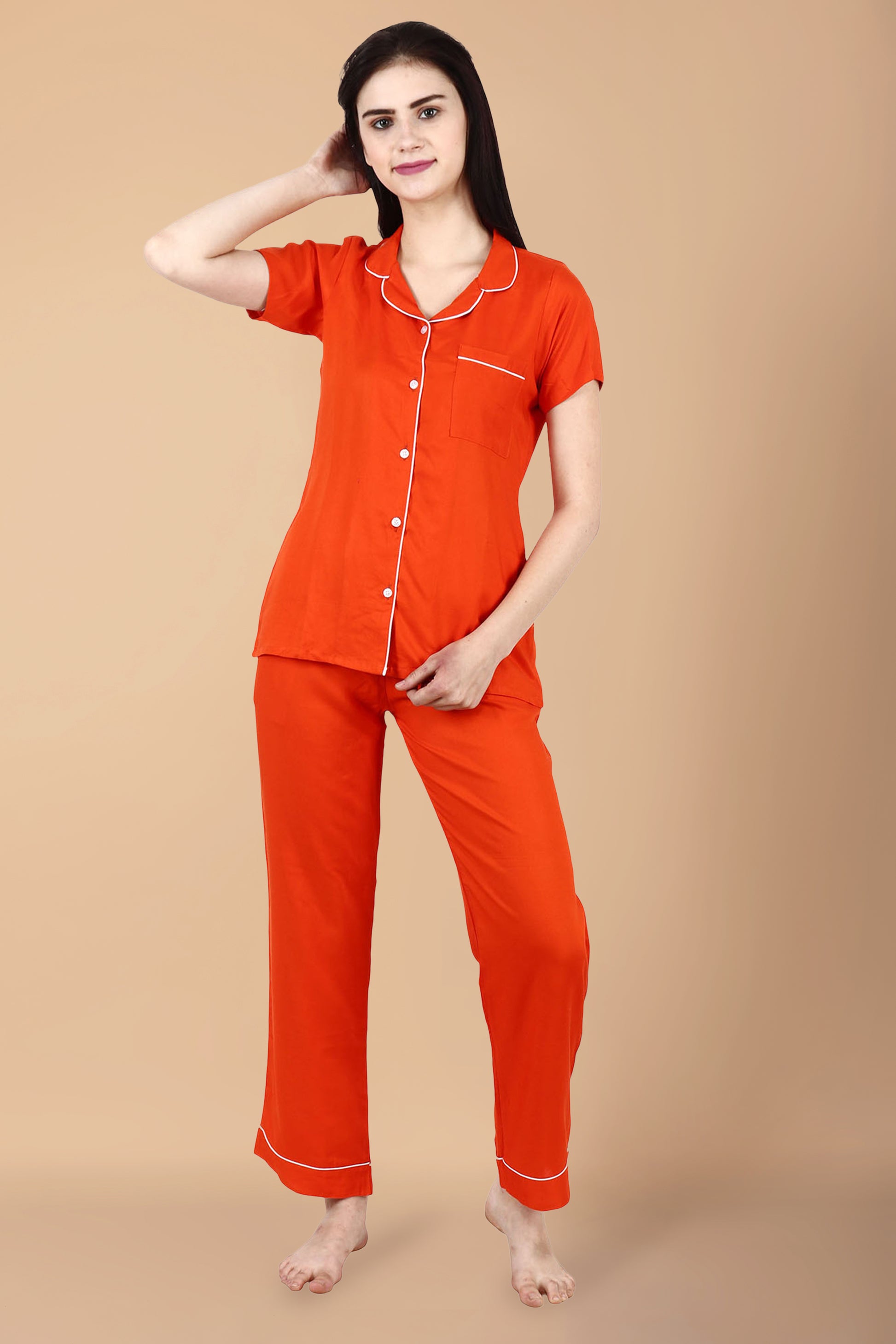 Women Plus Size Solid Orange Rayon Detailed Night Suit | Apella