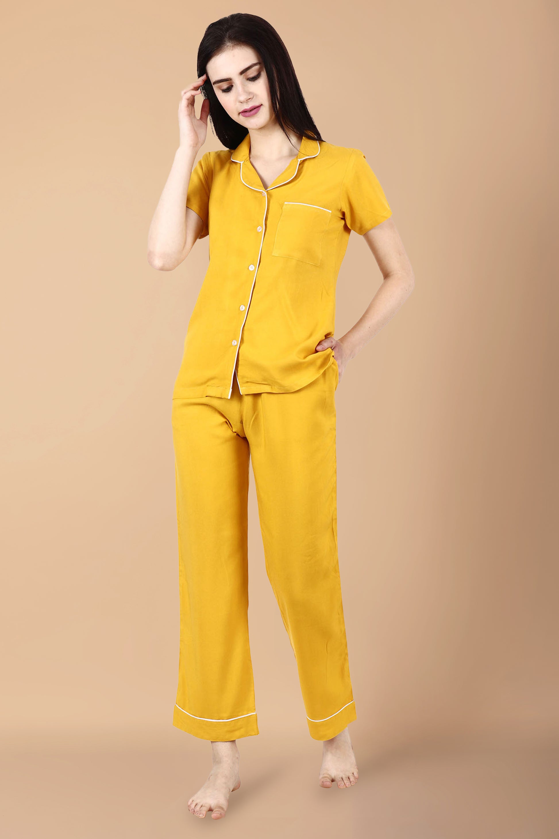 Women Plus Size Solid Mustard Detailed Rayon Night Suit | Apella