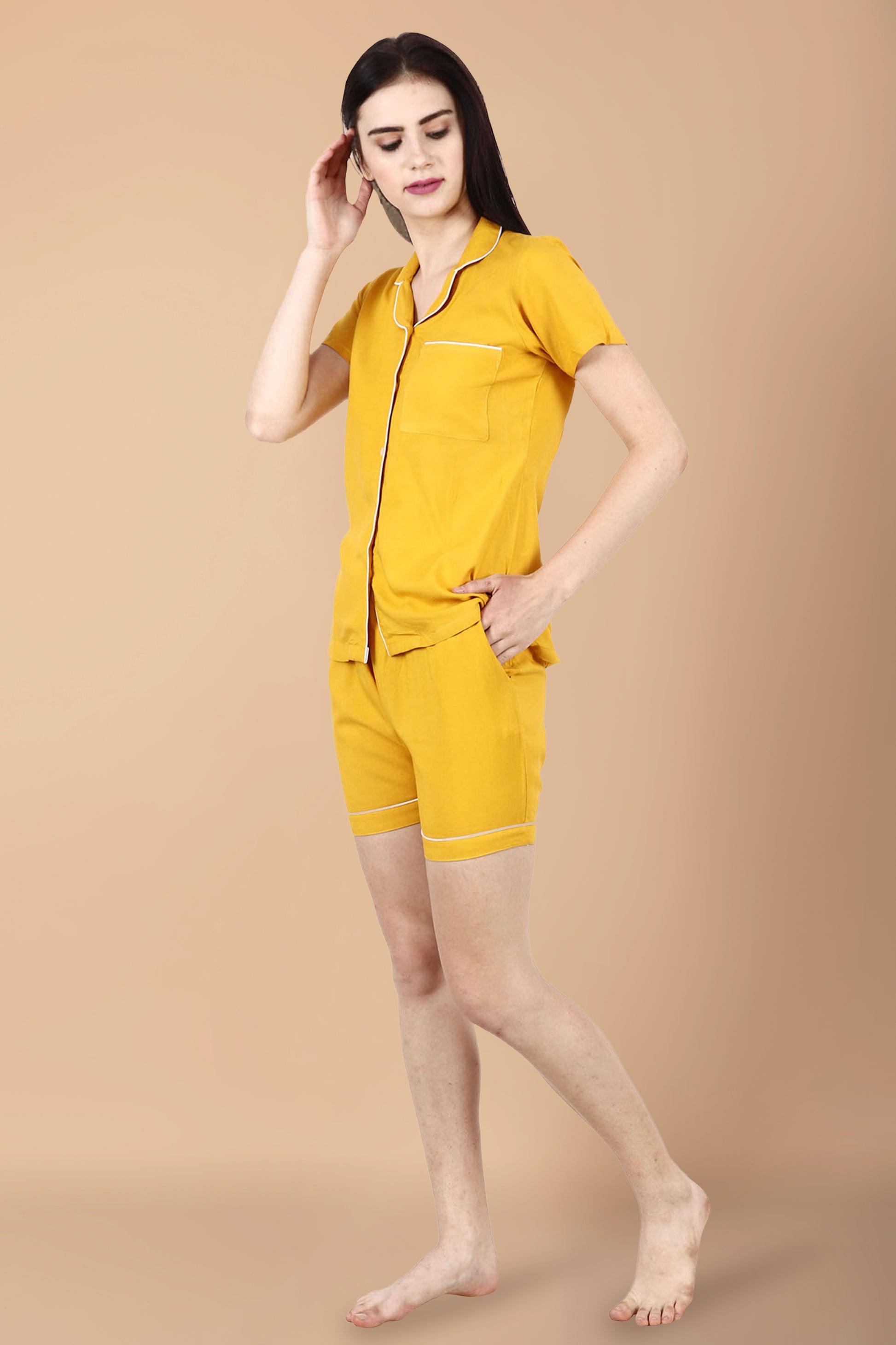 Women Plus Size Solid Mustard Rayon Night Shorts Suit | Apella