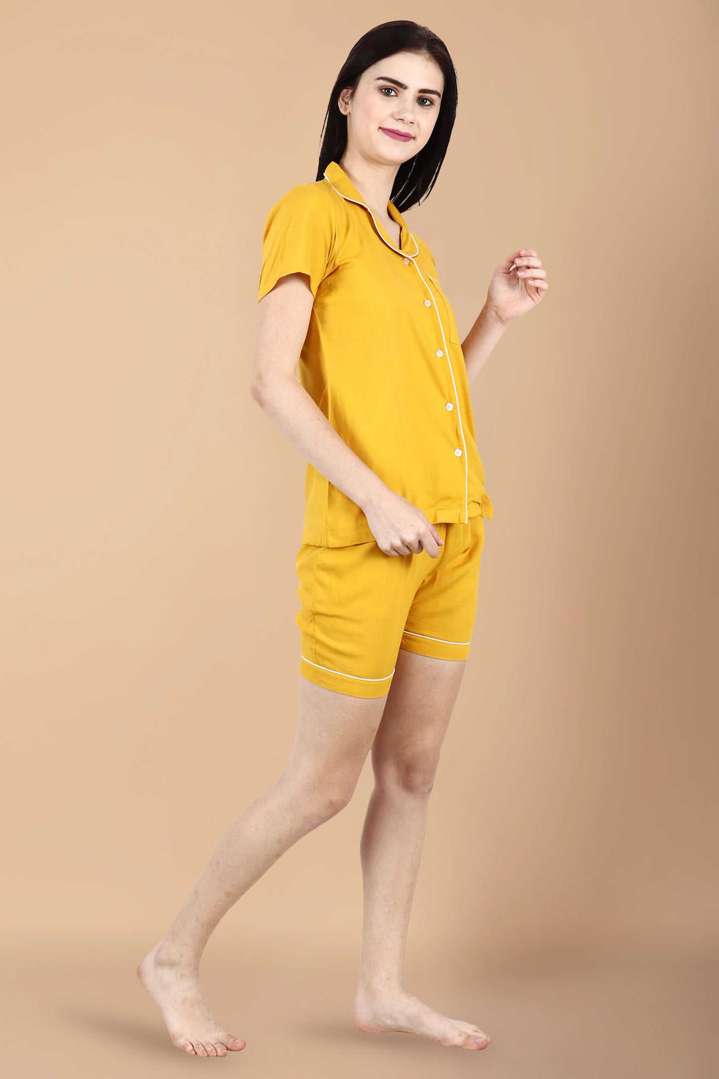 Solid Mustard Shorts Suit | Apella.