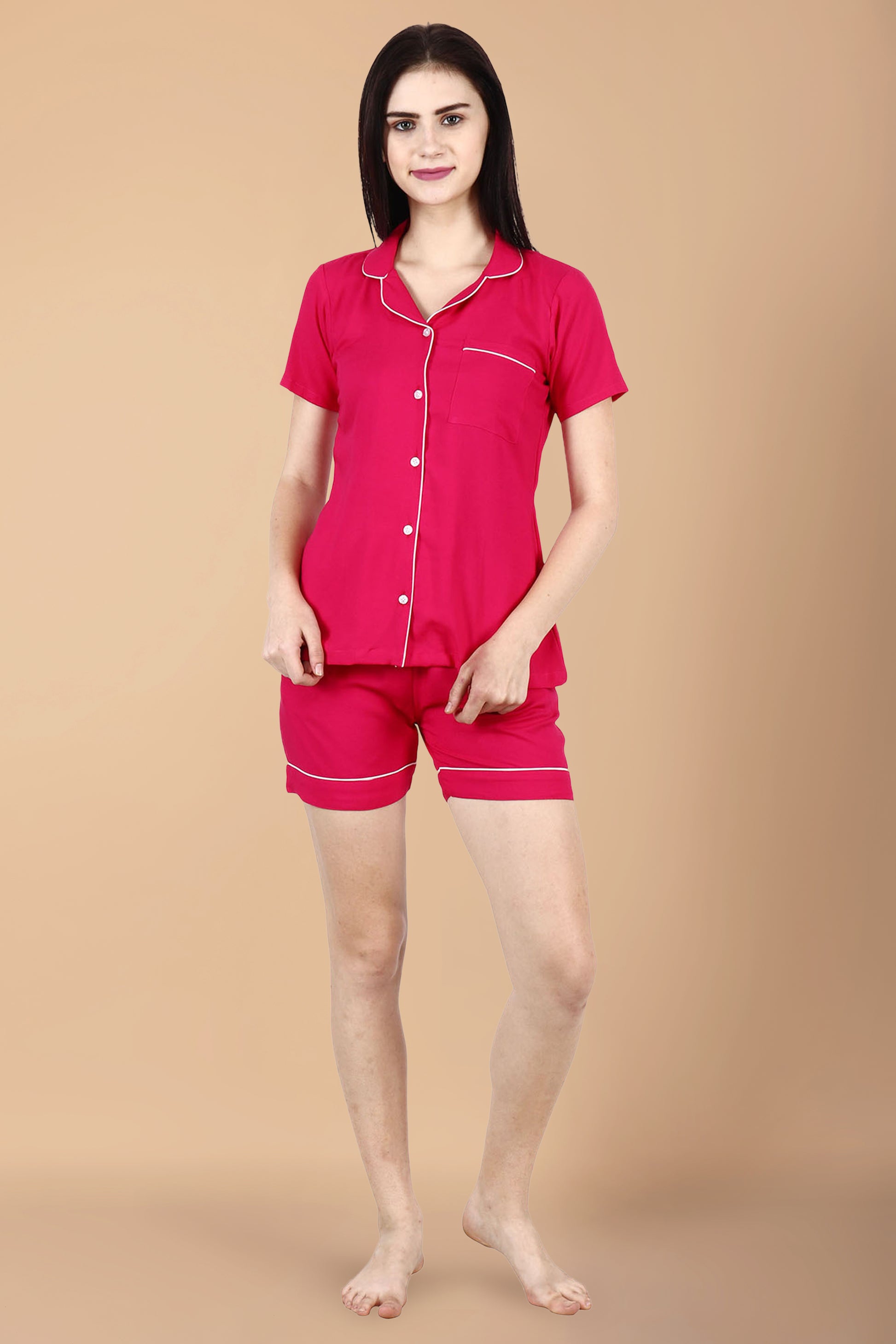 Women Plus Size Solid Rayon Magenta Night Shorts Suit | Apella