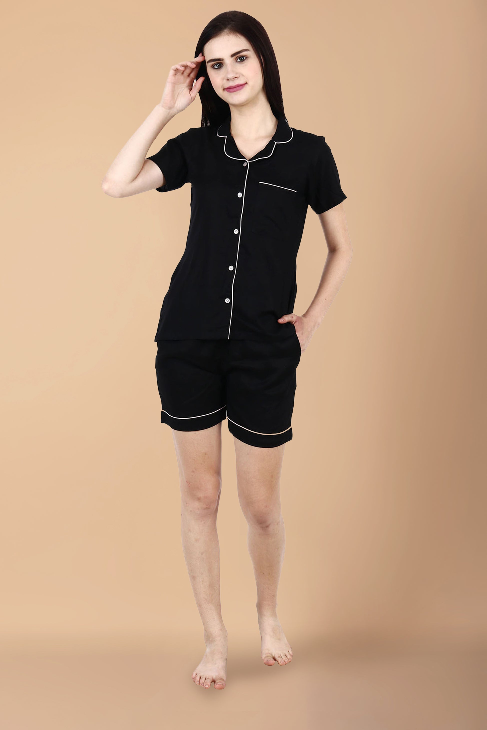 Women Plus Size Solid Black Rayon Night Shorts Suit | Apella