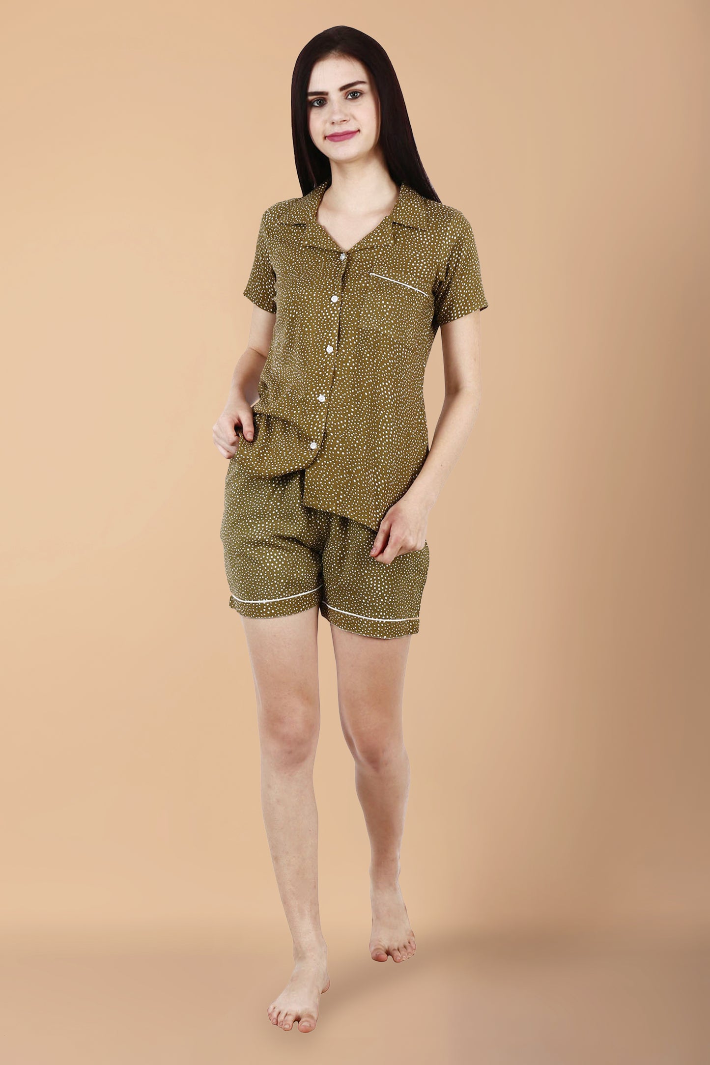 Olive Green Polka Shorts Suit | Apella.