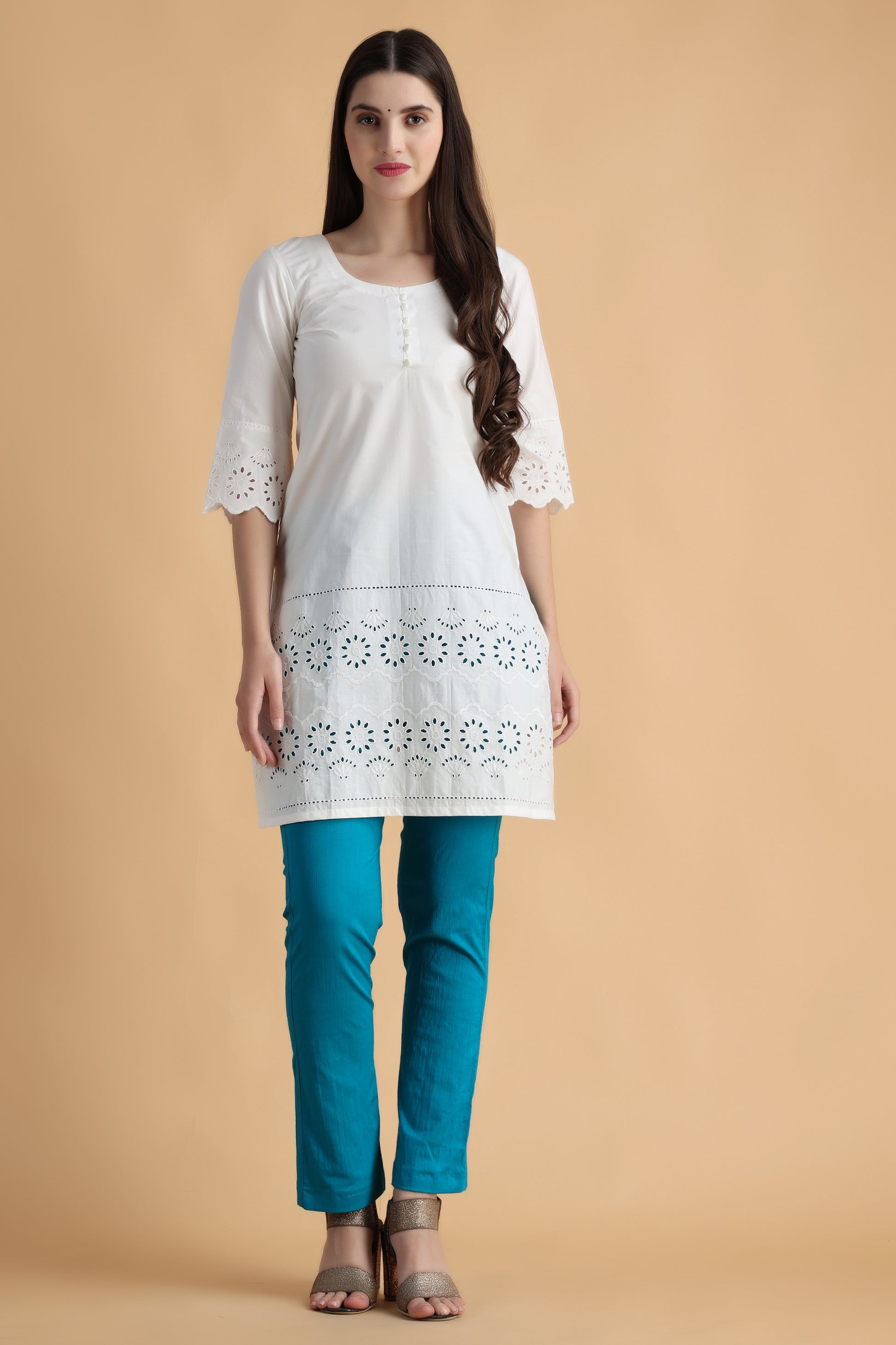 Women's Plus Size White cotton kurti pant set | Apella