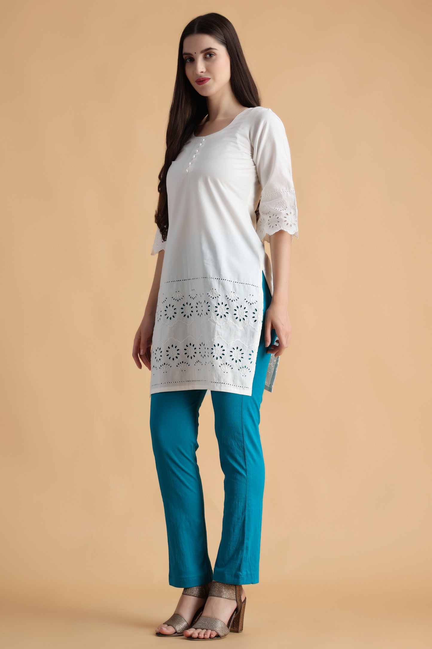 Women's Plus Size White cotton kurti pant set | Apella