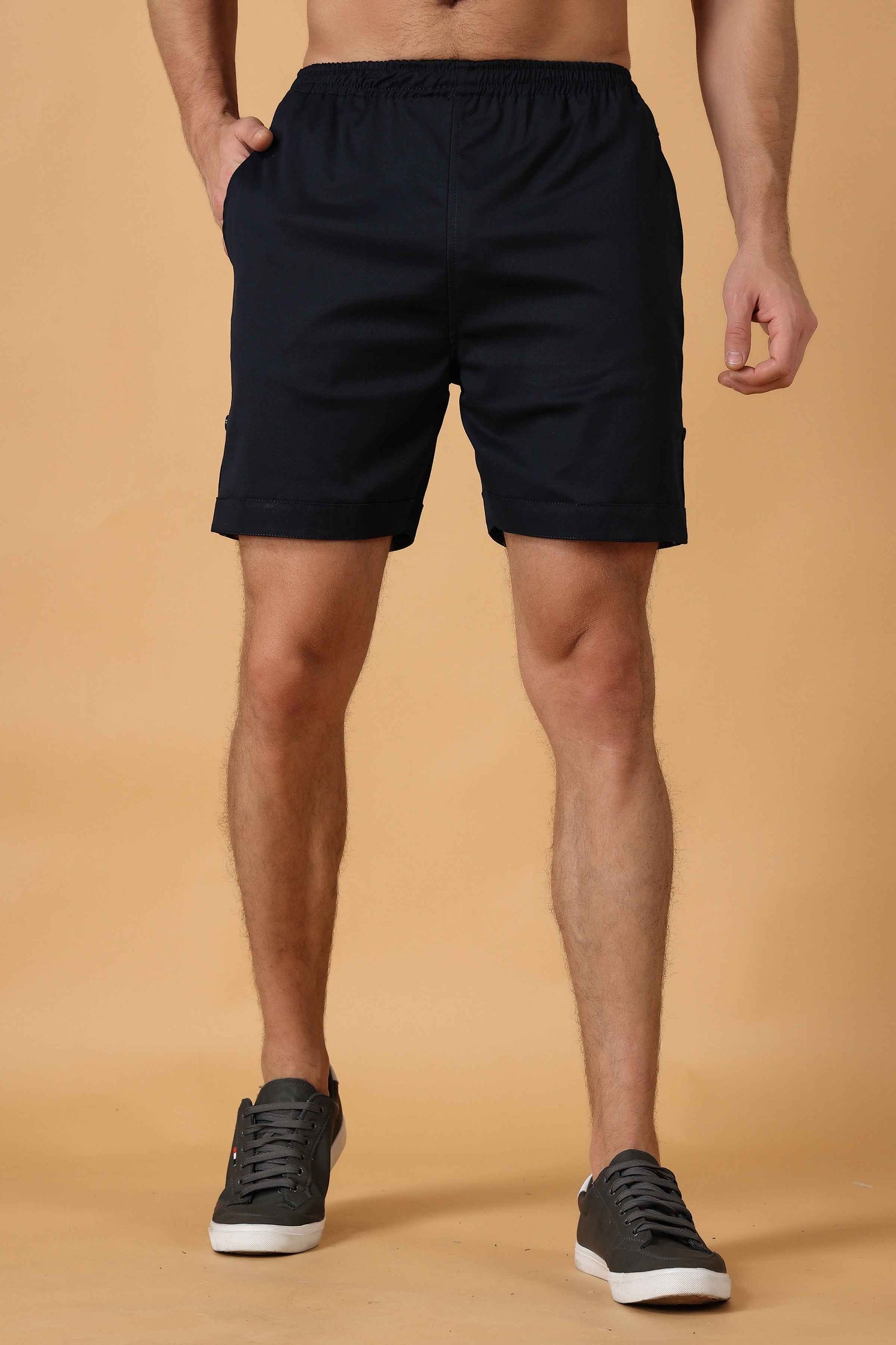 Buy Plus Size ​Navy Blue Cotton Lycra Shorts At Apella | Sizes XS to 10 XL | India | Free Delivery | Customized