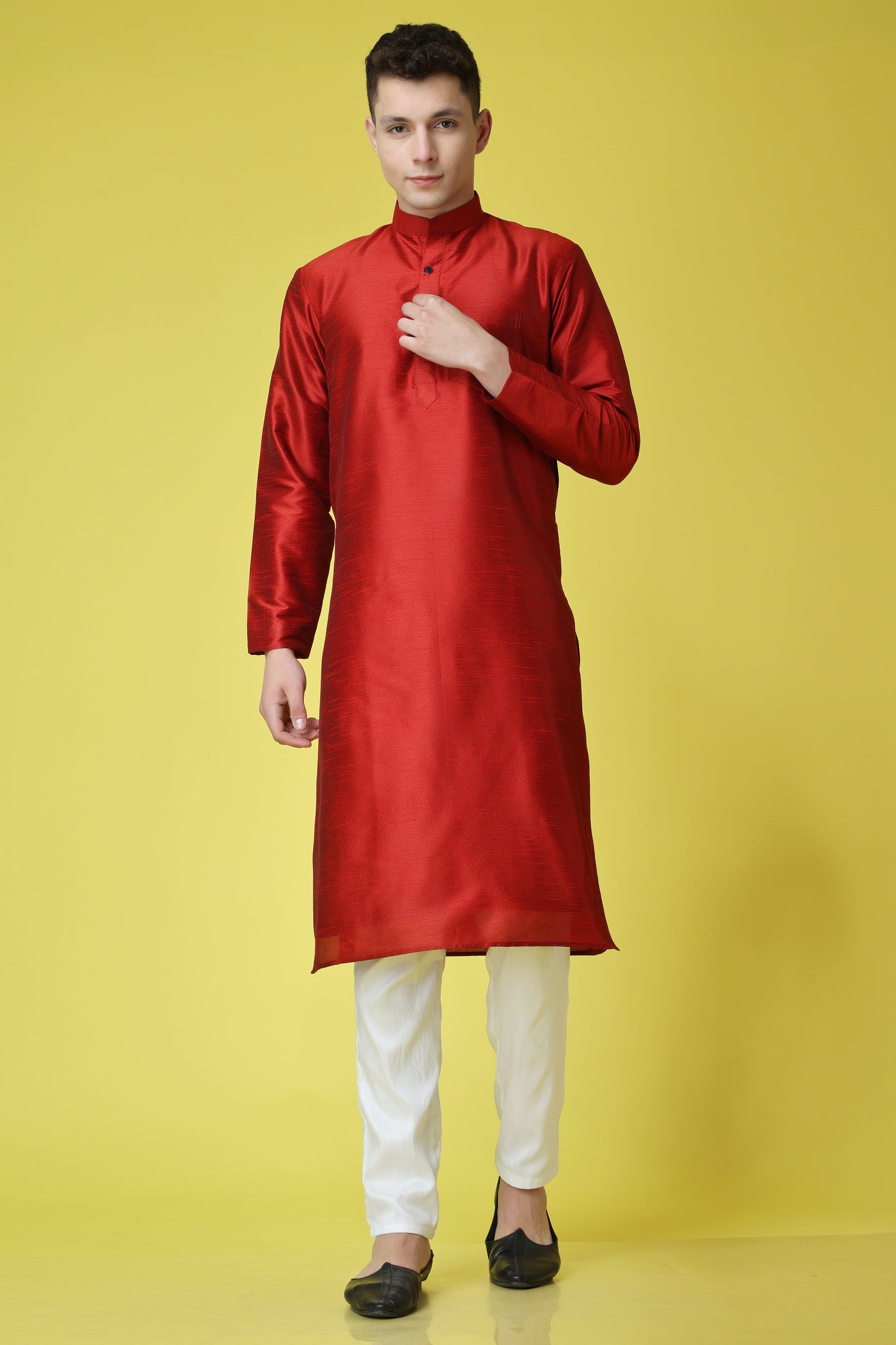 Men's Plus Size Festive Red Silk Kurta