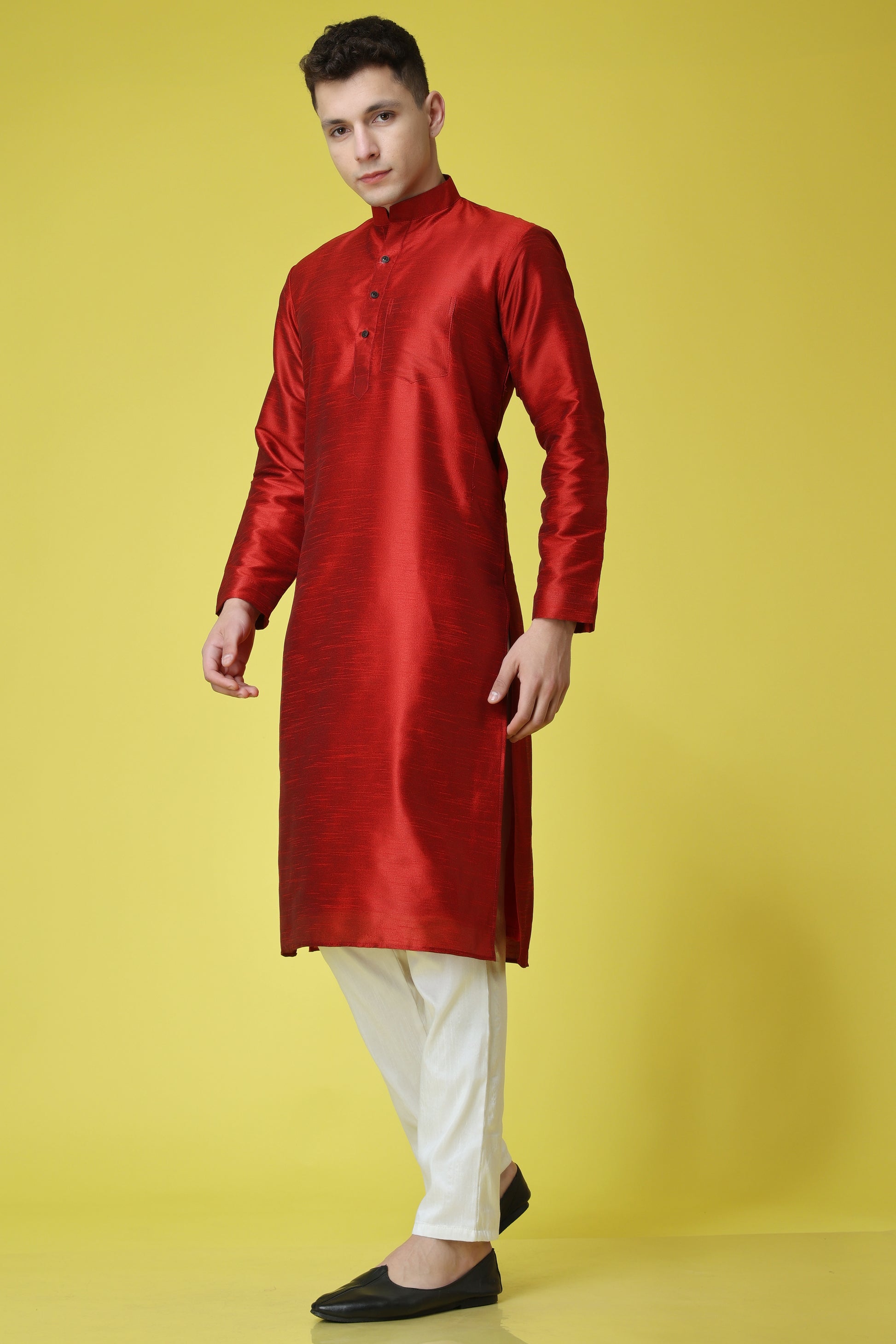 Men's Plus Size Festive Red Silk Kurta