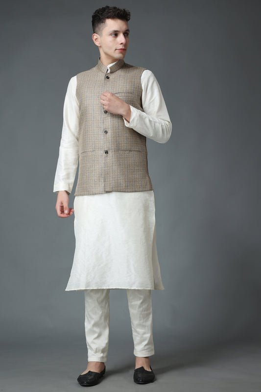 Men's Plus Size Ivory Festive Silk Jacket Set