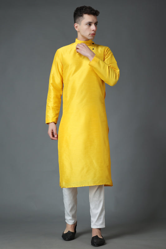 Men's Plus Size Amber Yellow Silk Kurta Pajama