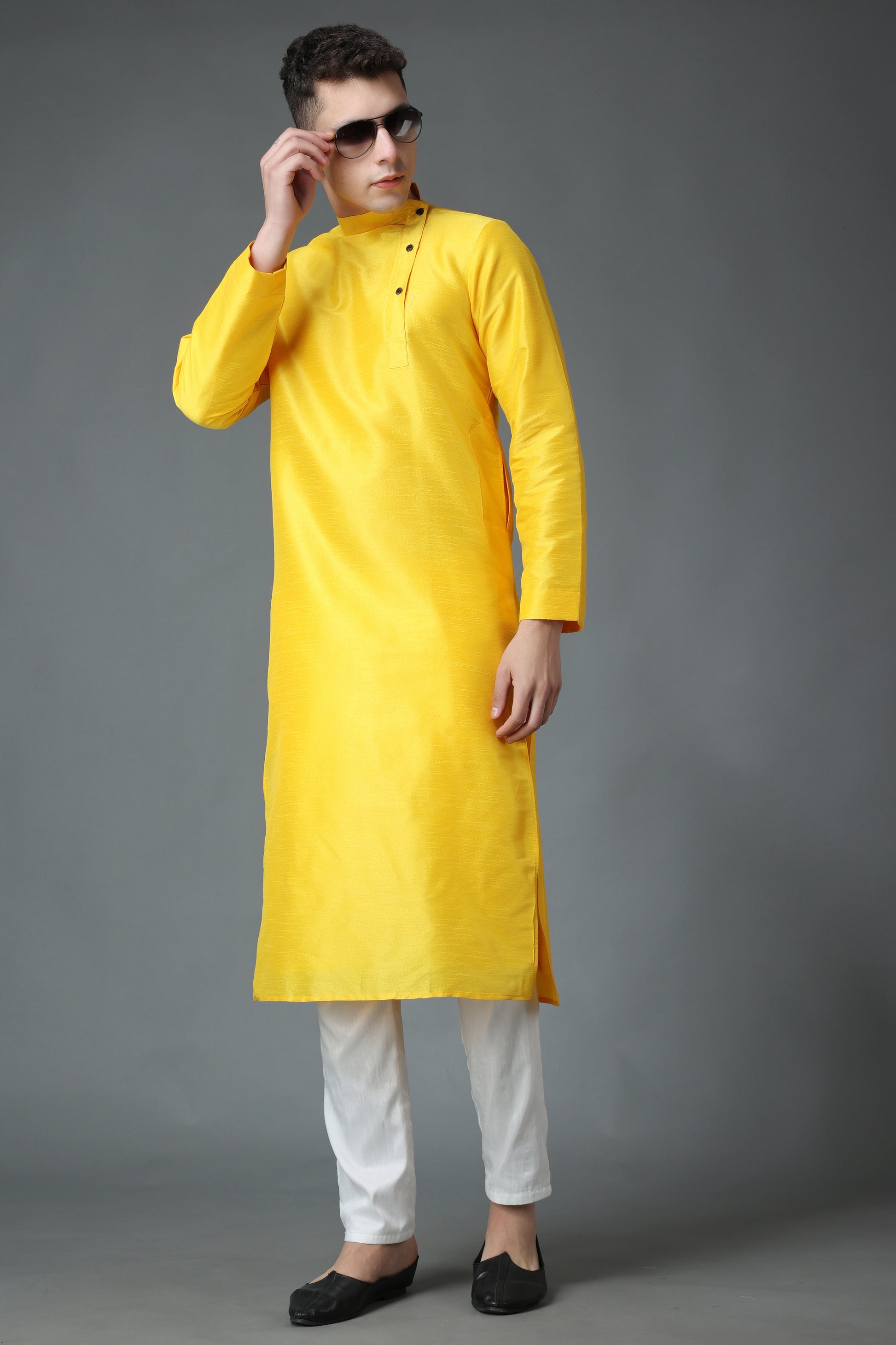 Men's Plus Size Amber Yellow Silk Kurta Pajama
