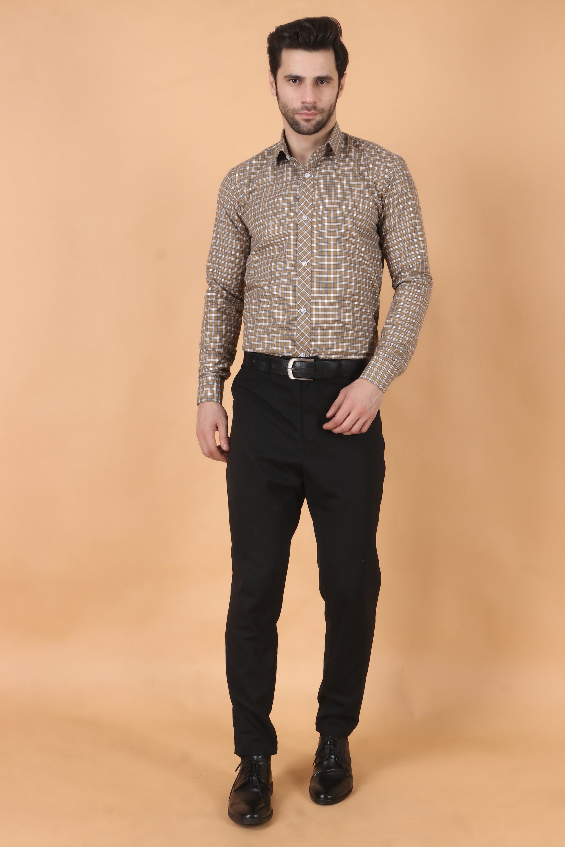 All Size, Brown Cotton Shirt, Caramel Checked Shirt, Caramel Checked Woollen Shirt, Checked Shirt, Collar Neckline, Cotton Checked Shirt, Cotton Shirt, Cotton Twill, Full Sleeves, Light Brown